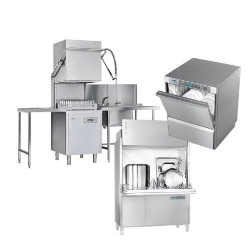Commercial kitchen dishwashers, including an industrial conveyor model, an under-counter unit, and a glass washer, all in stainless steel.