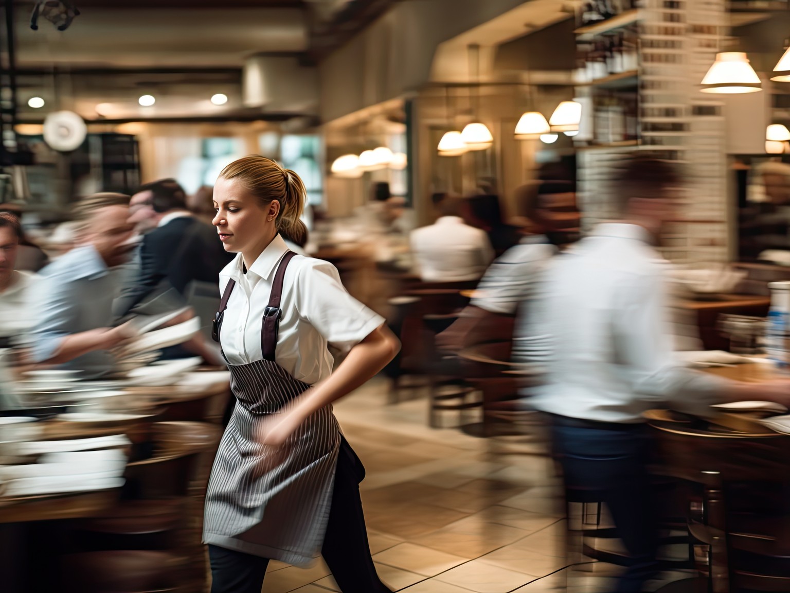 Waitress in motion, wearing a striped apron, serves a bustling, warmly lit restaurant with blurred patrons and staff.