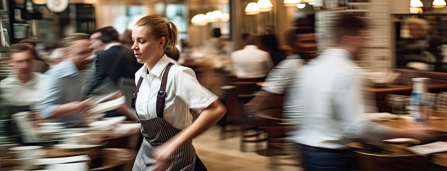 Waitress in motion, wearing a striped apron, serves a bustling, warmly lit restaurant with blurred patrons and staff.