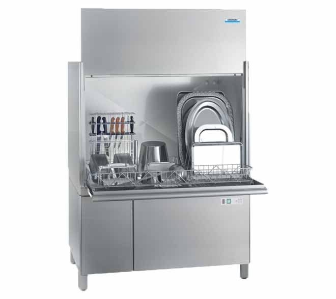 Commercial dishwasher with open door, displaying racks of clean kitchen utensils, trays, and a knife holder. Stainless steel finish.