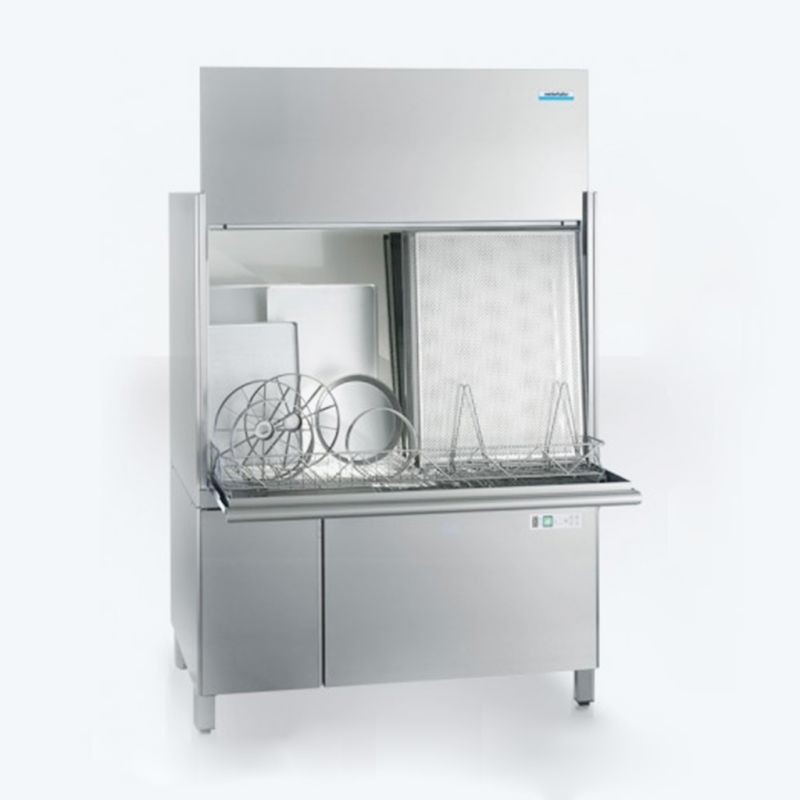 Commercial dishwasher with open front, displaying racks and trays inside, set against a plain background.