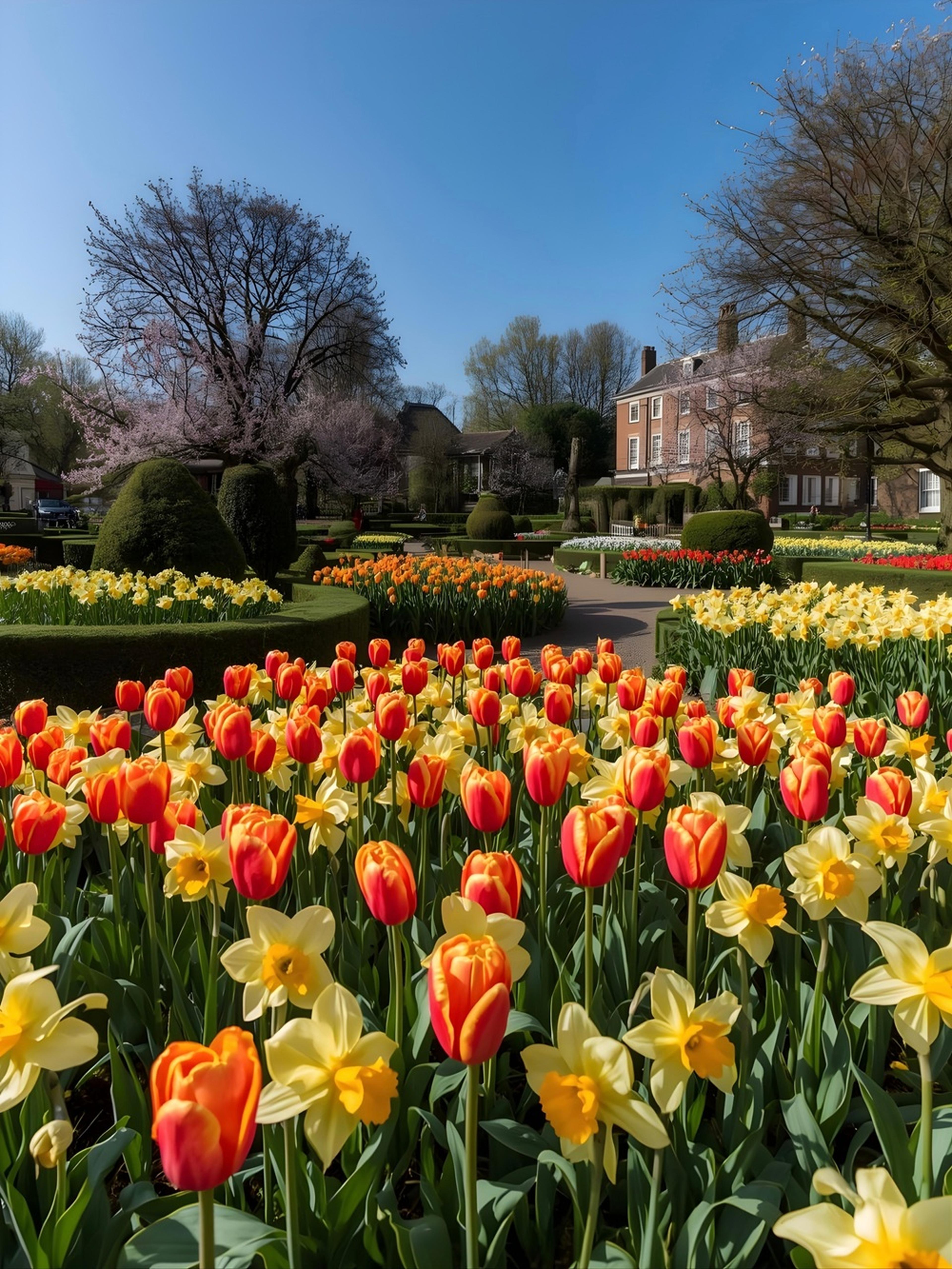 A garden with vibrant red tulips and yellow daffodils