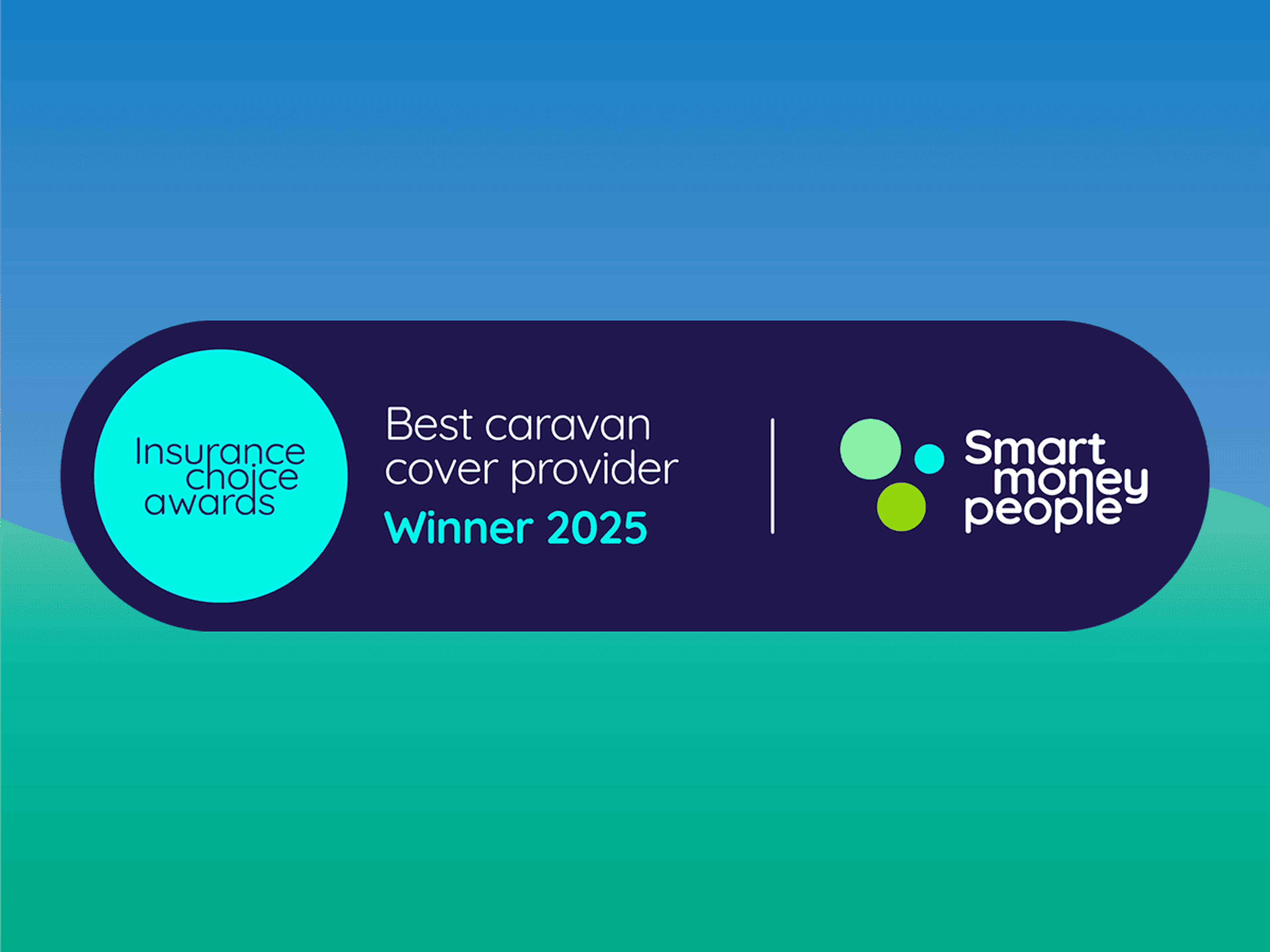 Award banner for "Best Caravan Cover Provider" winner 2025 by Smart Money People. Blue and green theme with circular logo elements.