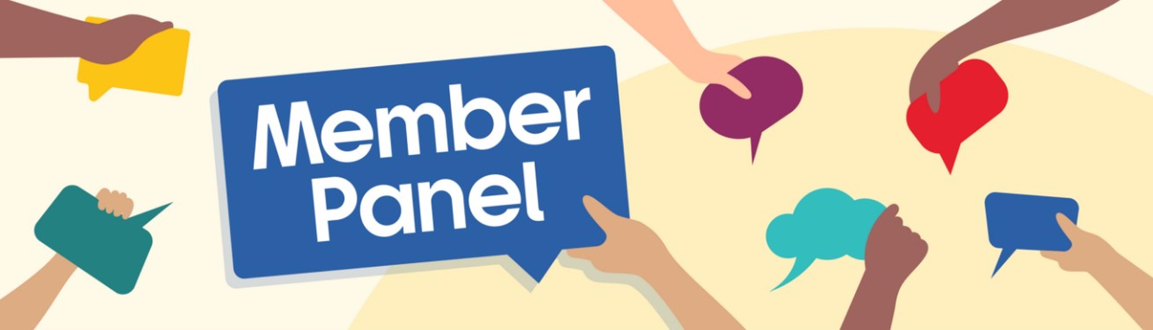 Illustrated hands holding colorful speech bubbles surround a large blue bubble with the text "Member Panel!"