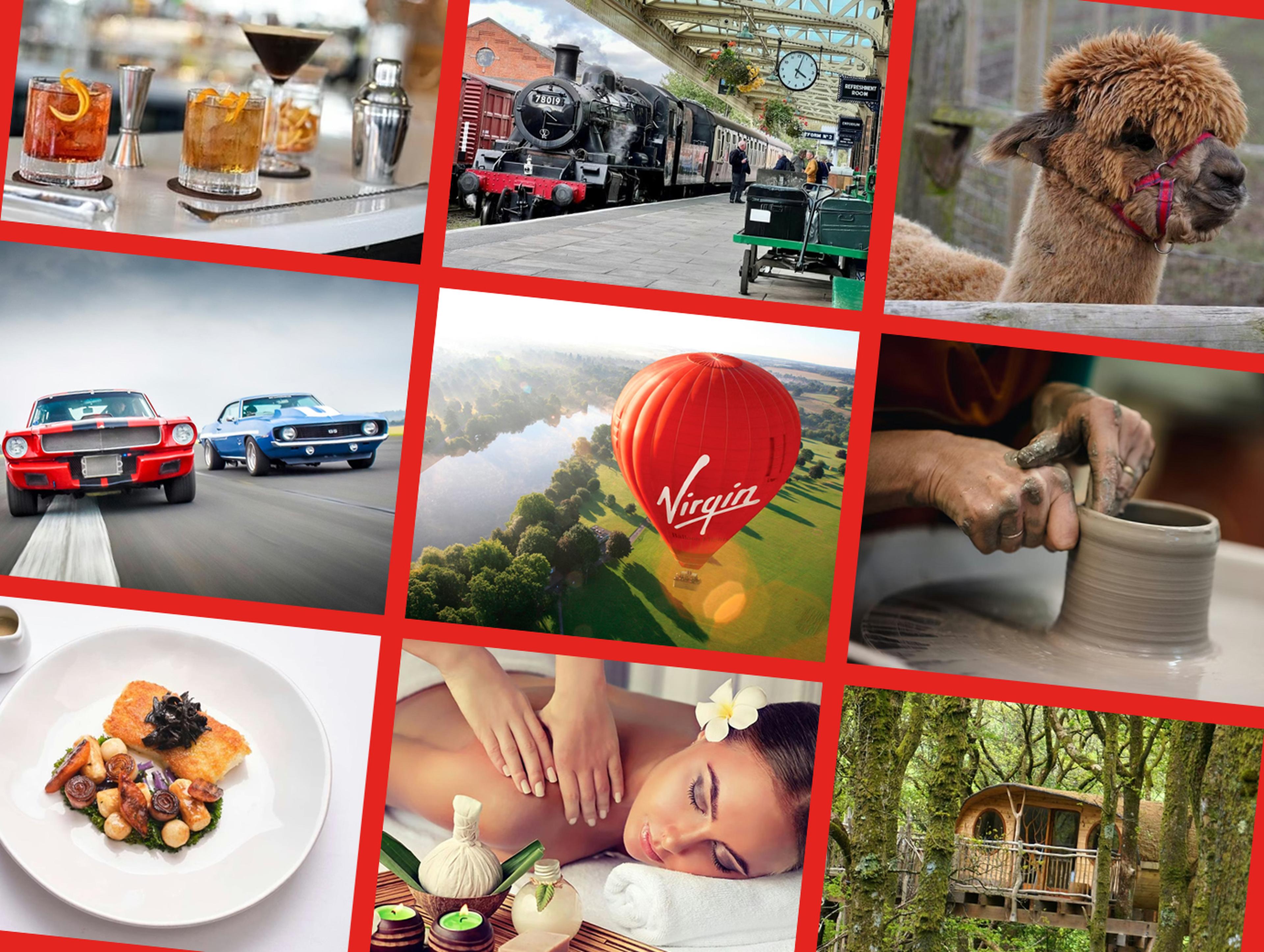 A montage of experiences featuring cocktails, a steam train, an alpaca, racing cars, a hot air balloon, pottery, gourmet food, a spa, and a treehouse.