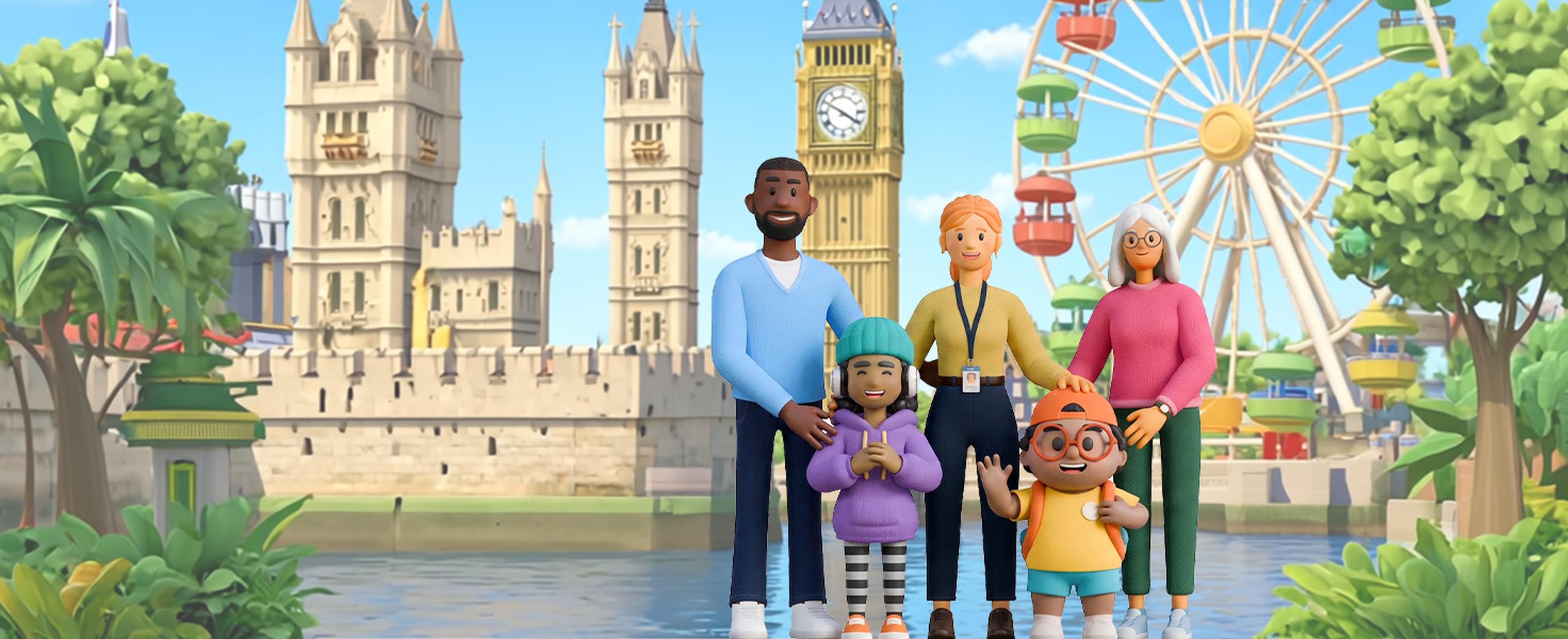 Animated family posing in front of iconic London landmarks, including Big Ben and a Ferris wheel, on a sunny day with trees around.