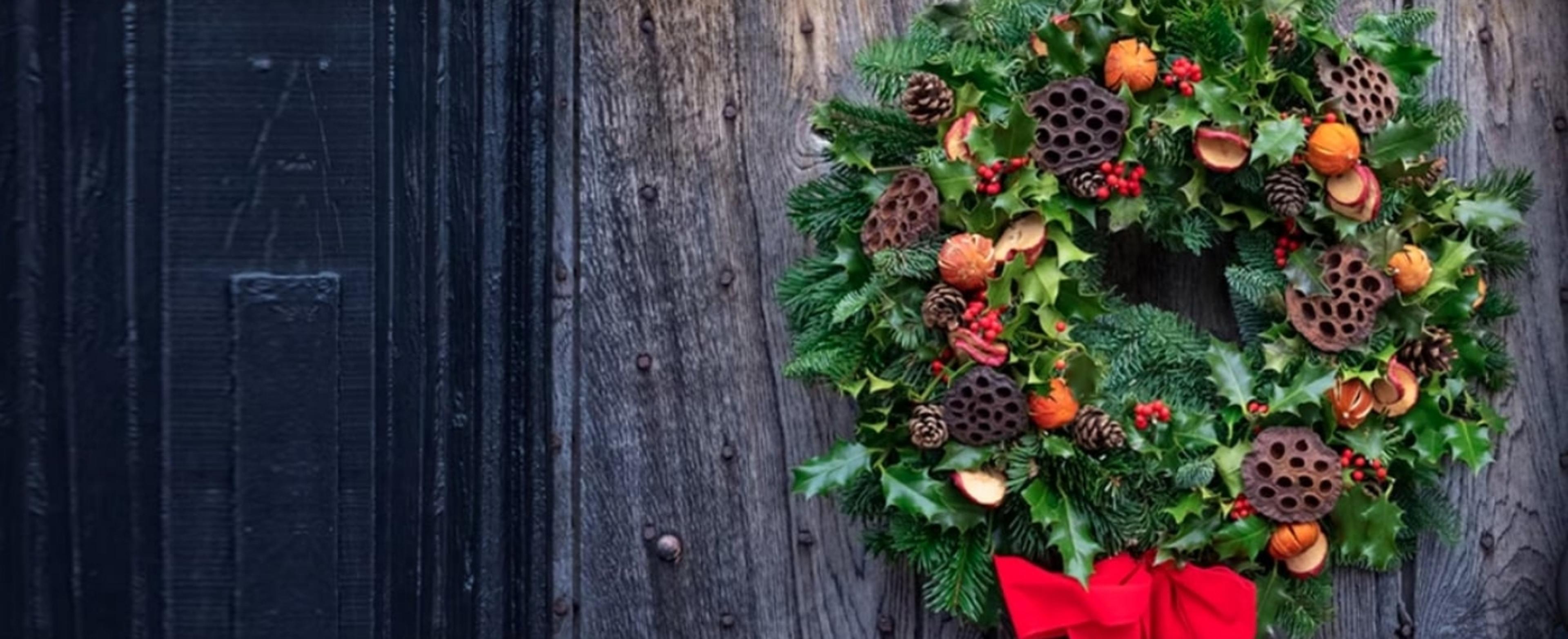 Festive wreath on front door