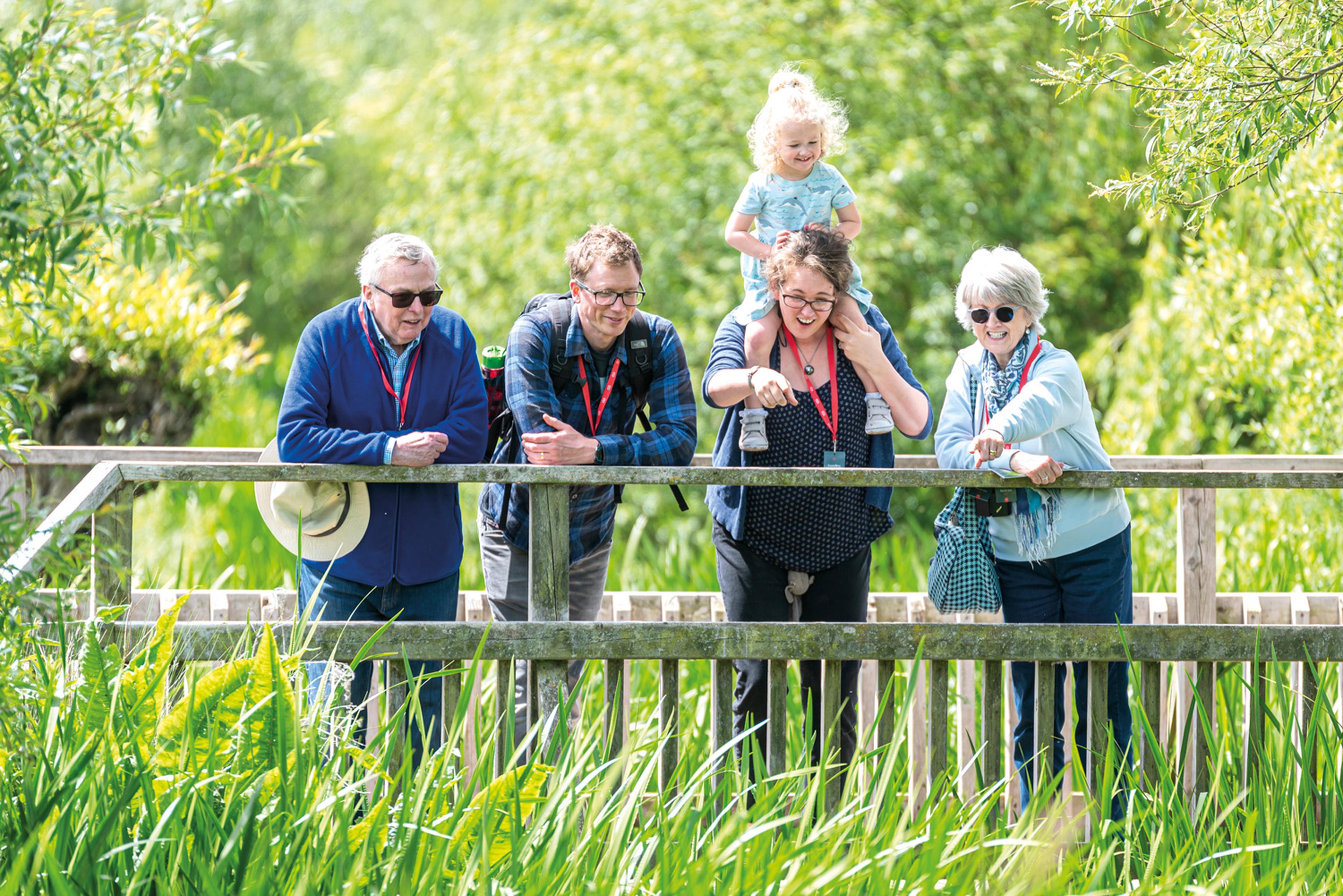 A group of five people, including a child, enjoy a sunny day outdoors, looking over a wooden fence surrounded by lush greenery.