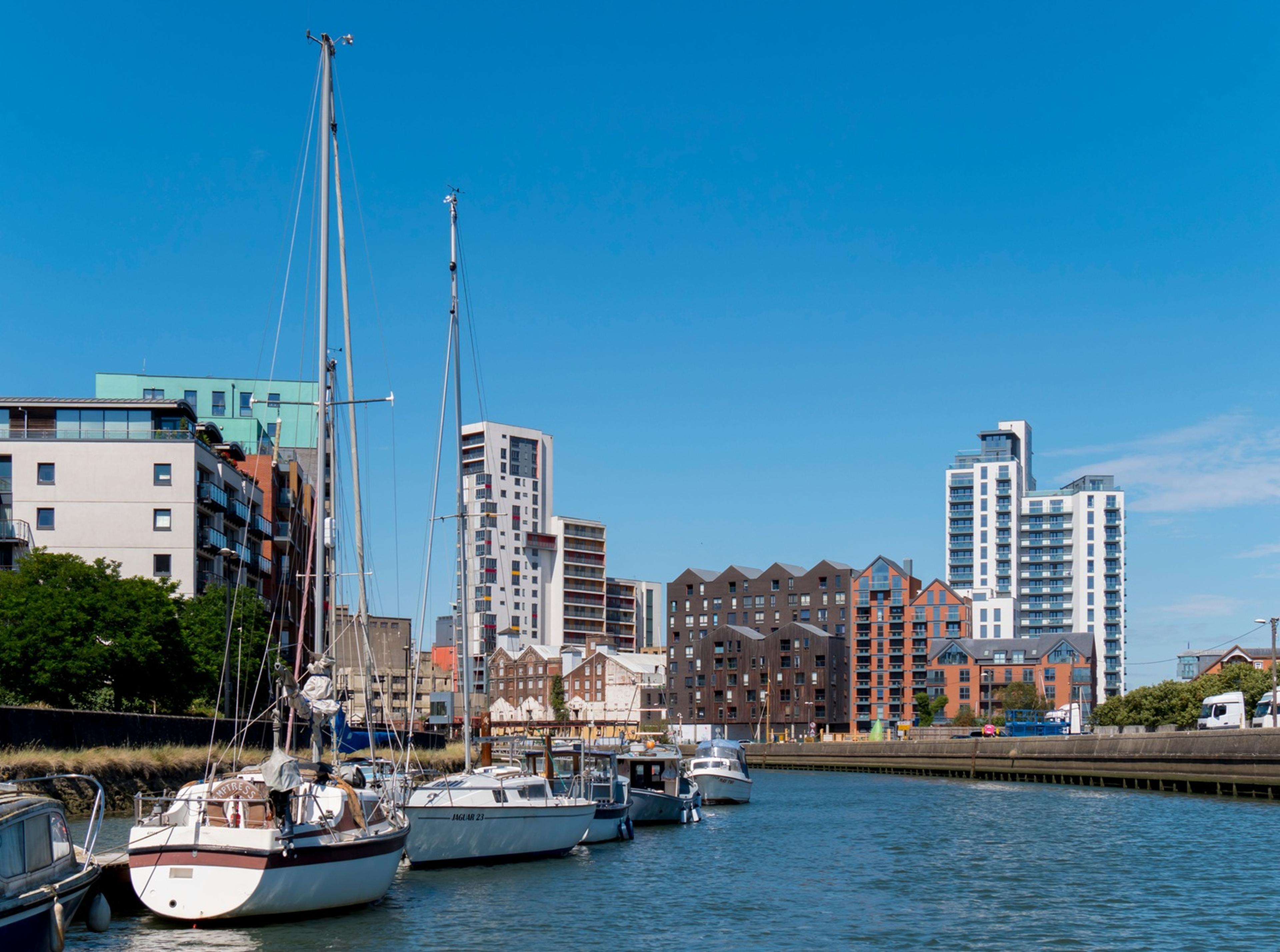 Sailboats docked along a marina with modern high-rise buildings in the background