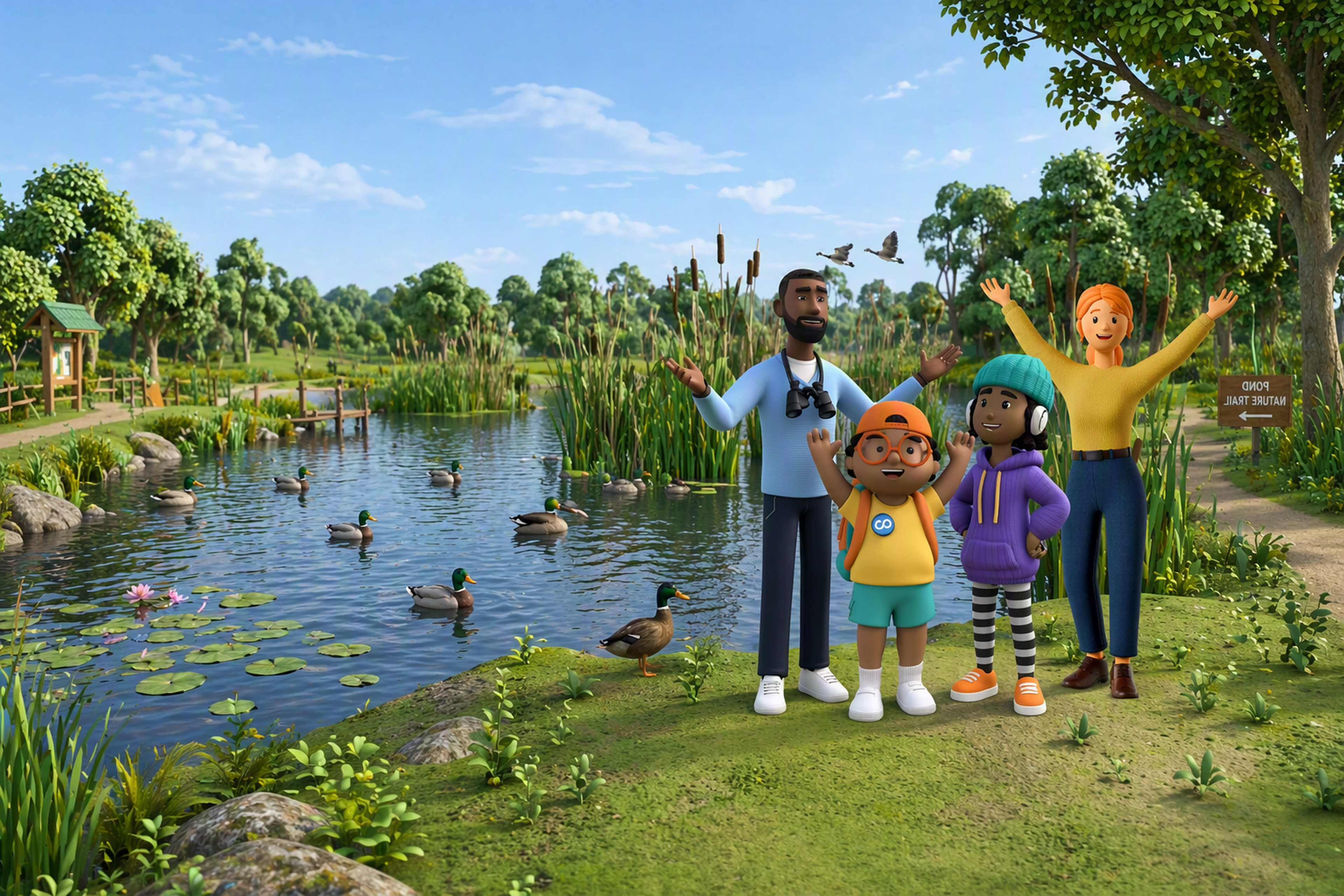 Animated family enjoying a pond trail with ducks, cattails, and clear blue sky.