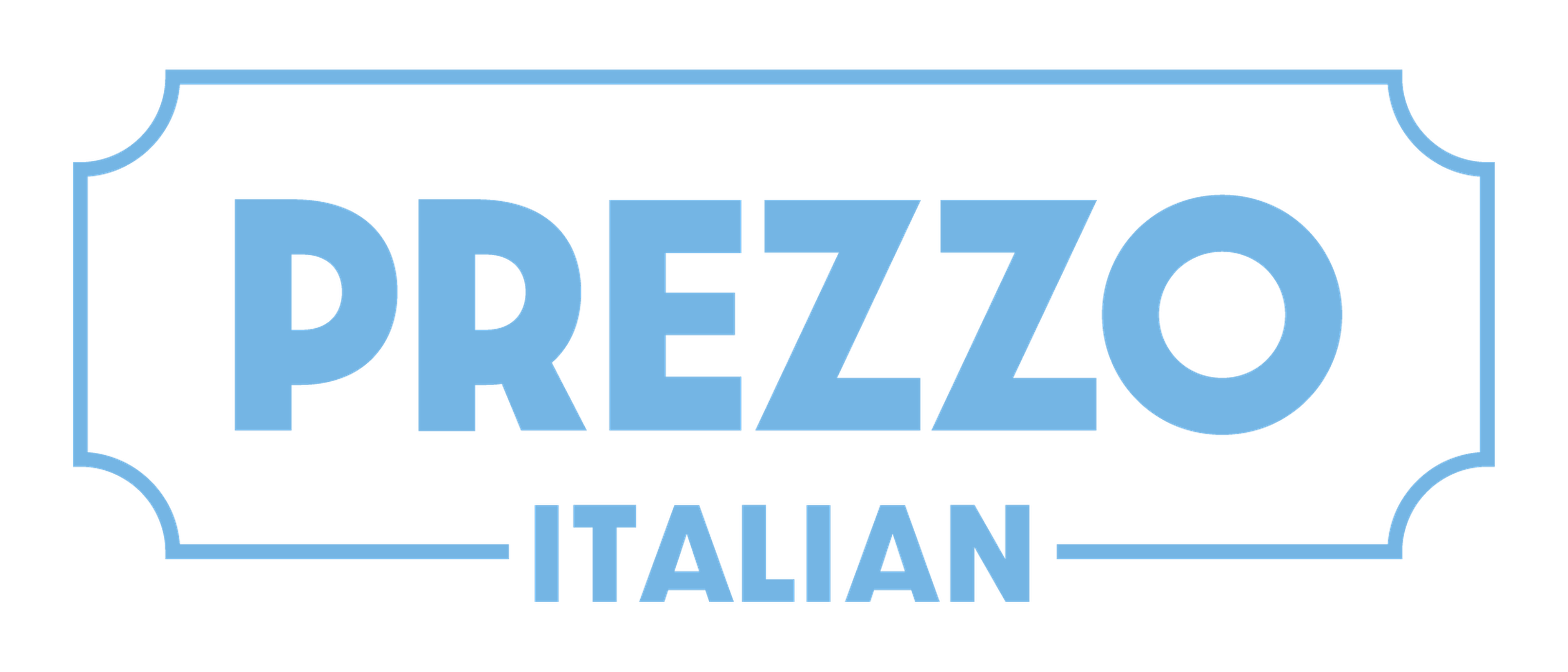 Light blue text logo with "PREZZO ITALIAN" in uppercase letters, framed by lines and rounded corners.