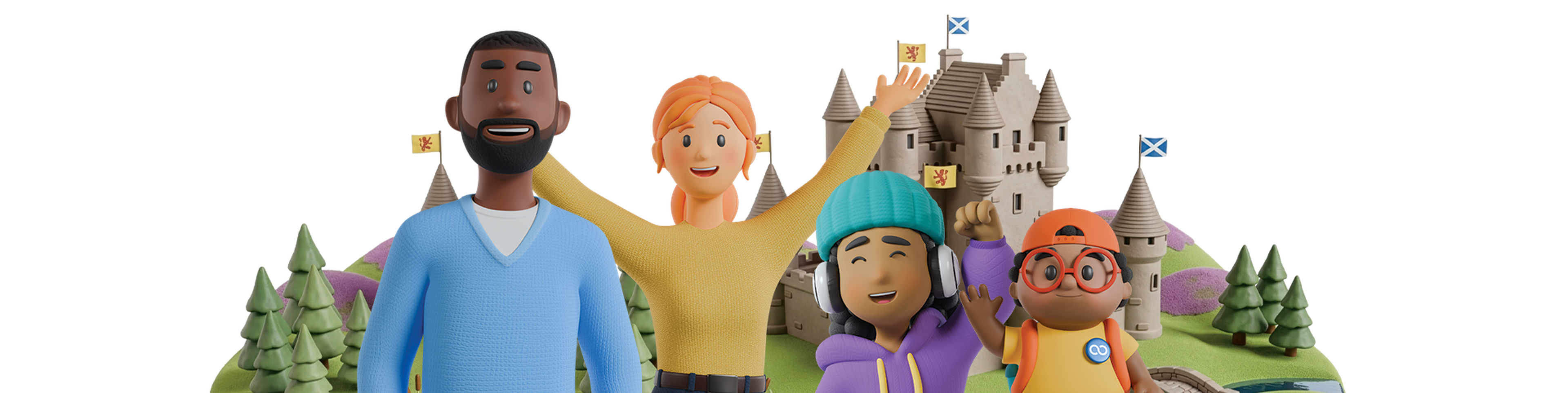 A group of four cartoon characters smiling and posing in front of a castle, surrounded by greenery and trees, with flags and a clear sky.