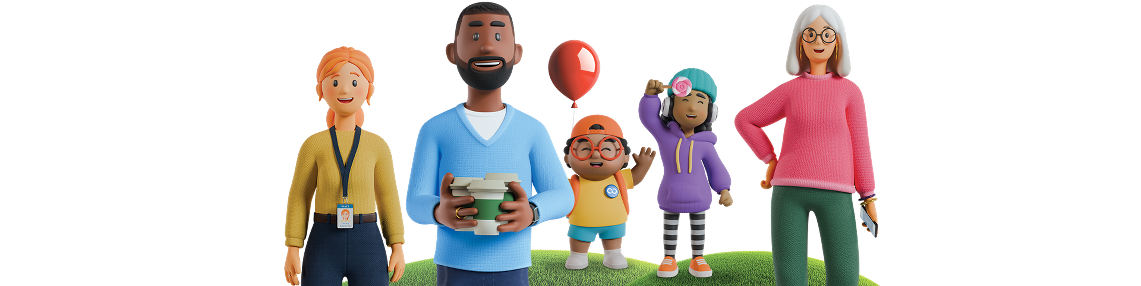 A diverse group of five cartoon characters, including two adults, two children with a balloon, and an elderly woman, all standing on grass.