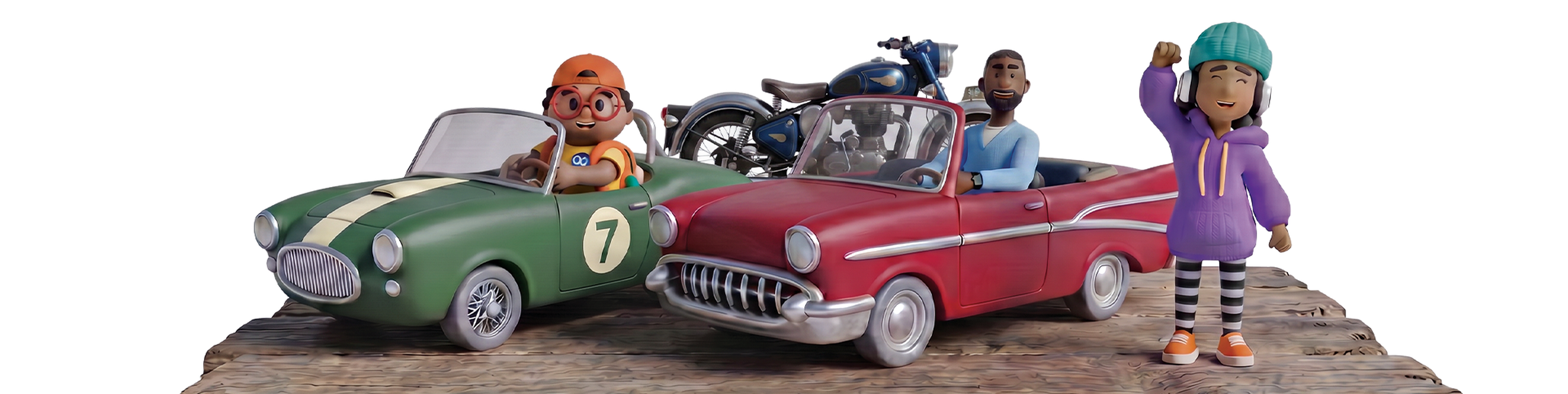 Three animated characters in retro cars and a motorcycle, one person standing, celebrating. Rustic wooden boardwalk background.