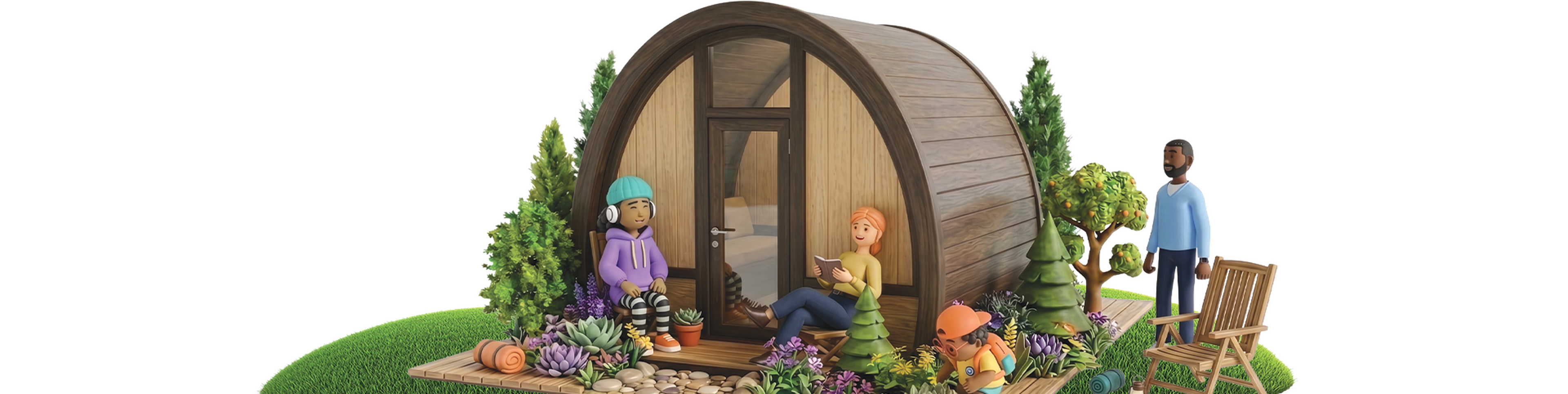 A group of animated characters sits and stands around a small, wooden, arched cabin surrounded by plants and trees on a grassy area.