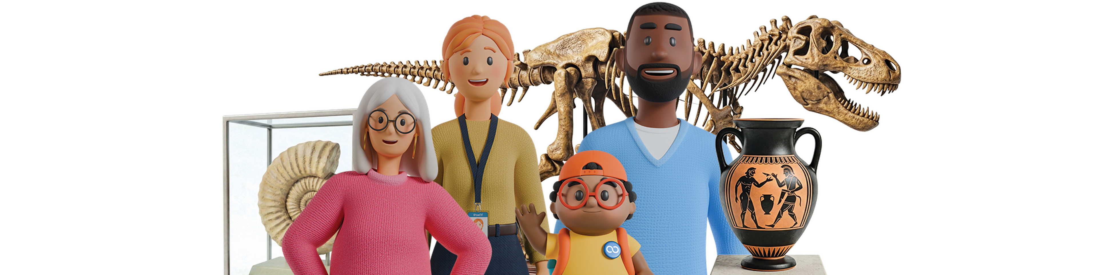 Four animated characters stand in a museum setting with a dinosaur skeleton, ammonite fossil, and ancient Greek vase in the background.