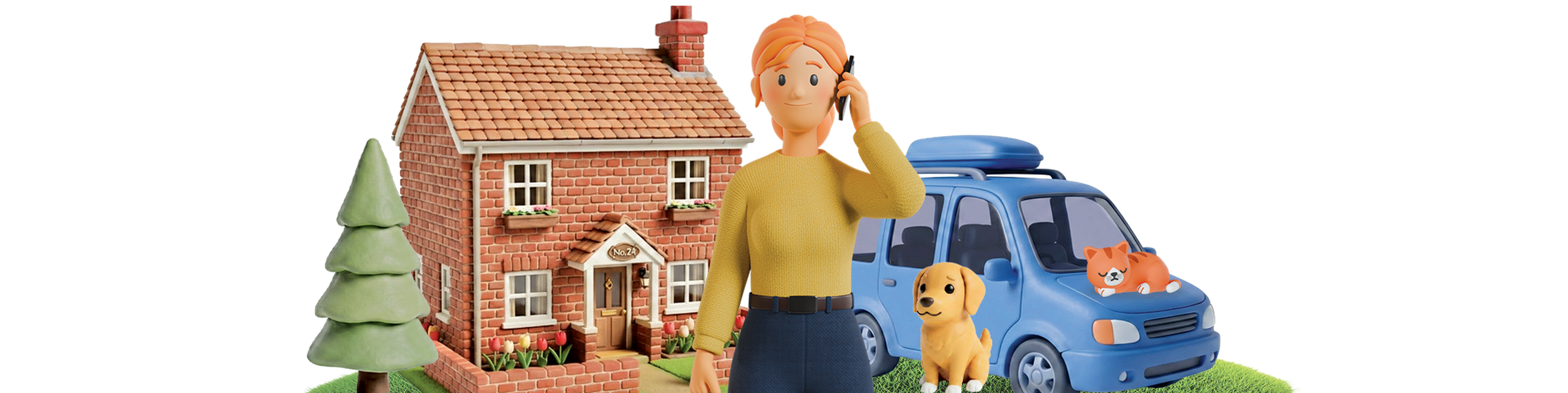 A cartoon woman talks on the phone near a brick house, a blue car with a cat on top, a dog beside it, and a stylized tree in the foreground.