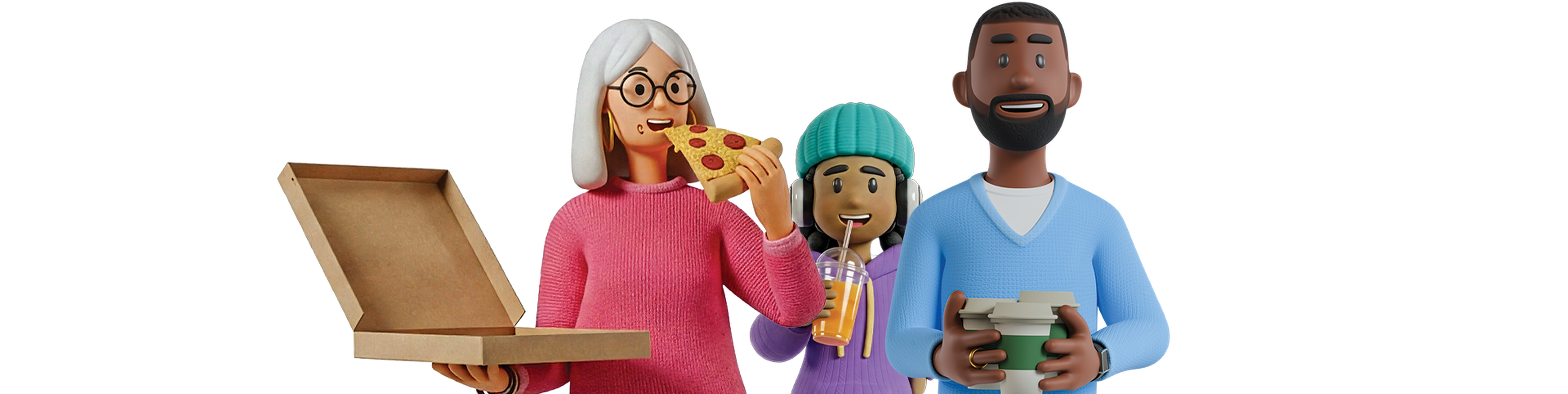 Three animated characters enjoying food and drinks: one holding pizza, another with a beverage, and the third with a coffee cup, all smiling.