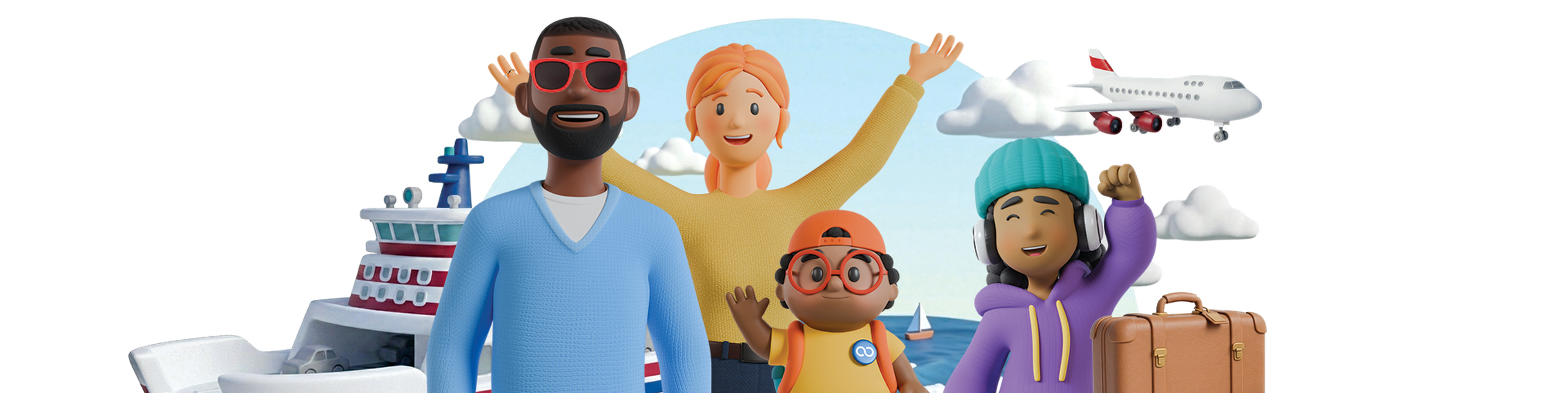 A smiling group of diverse cartoon characters wave, surrounded by a cruise ship, airplane, and suitcase, symbolizing travel and adventure.