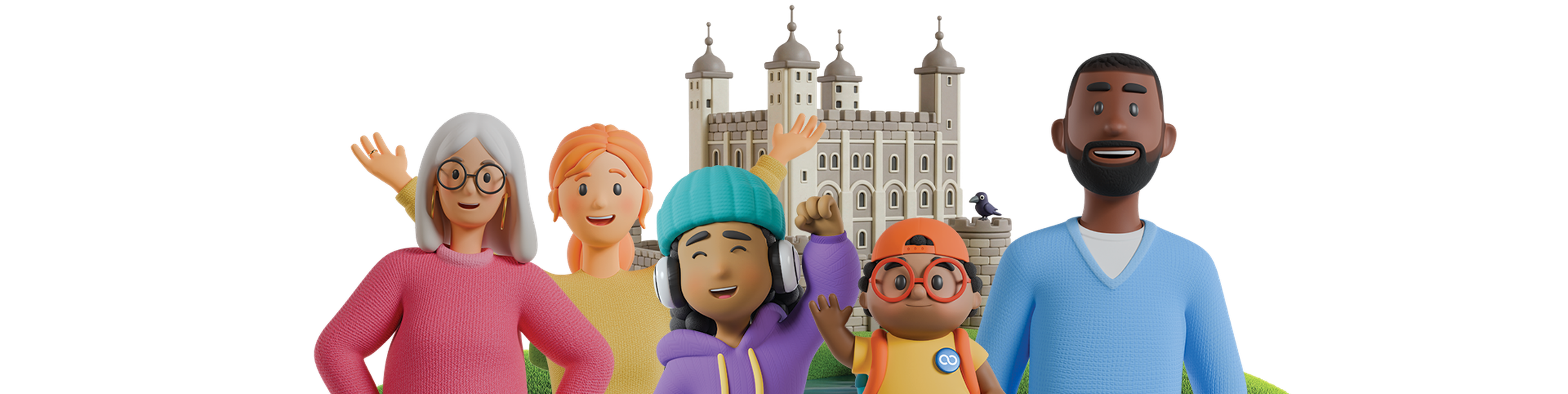 A group of animated characters smiling and waving in front of a castle with towers in the background.