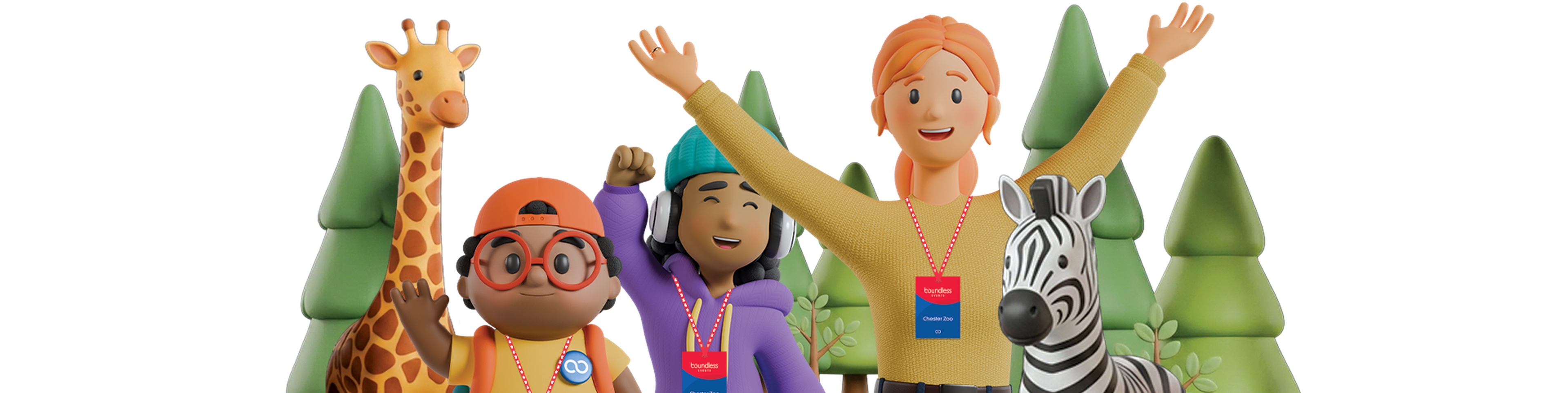 Cartoon figures, including a person, a giraffe, a zebra, and two children, stand happily with arms raised against a backdrop of trees.