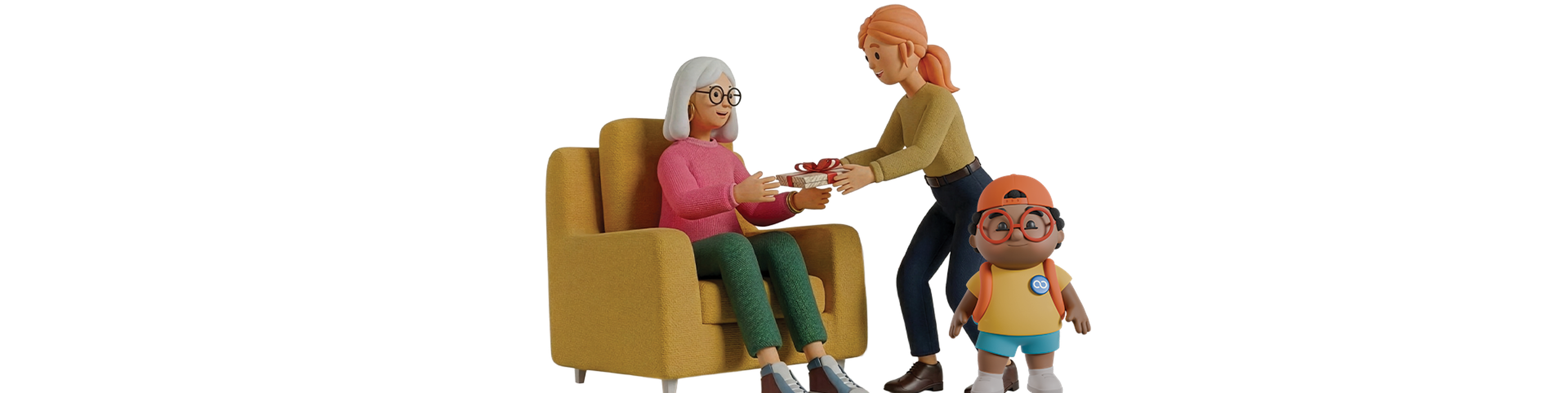 A woman sitting in a chair receives a gift from another woman, while a child stands beside them with a backpack, all depicted in colorful 3D animation.
