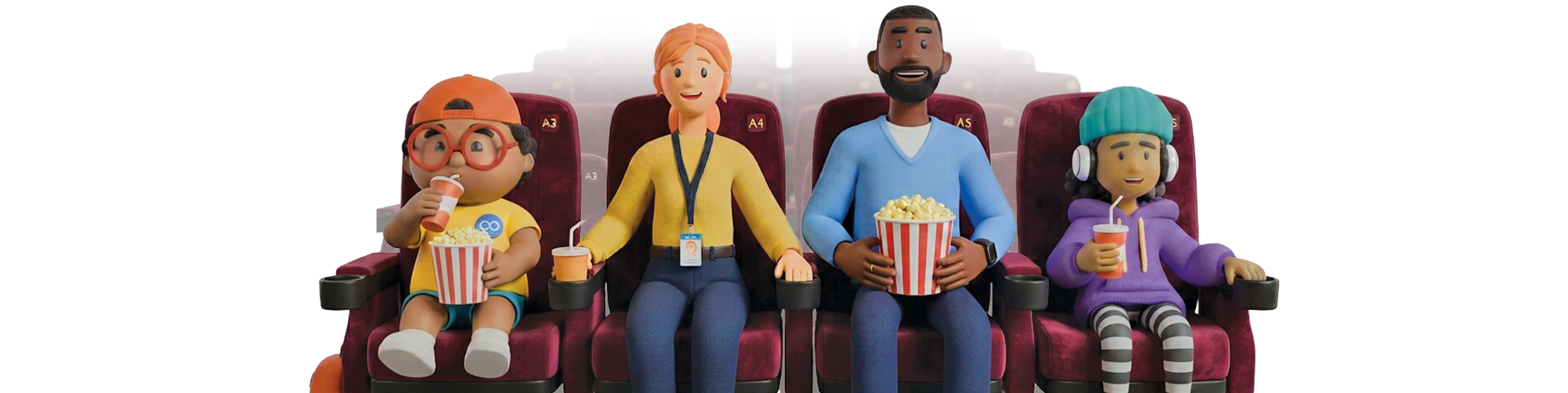 Four animated characters sitting in a movie theater, enjoying popcorn and drinks, with red seats in the background.