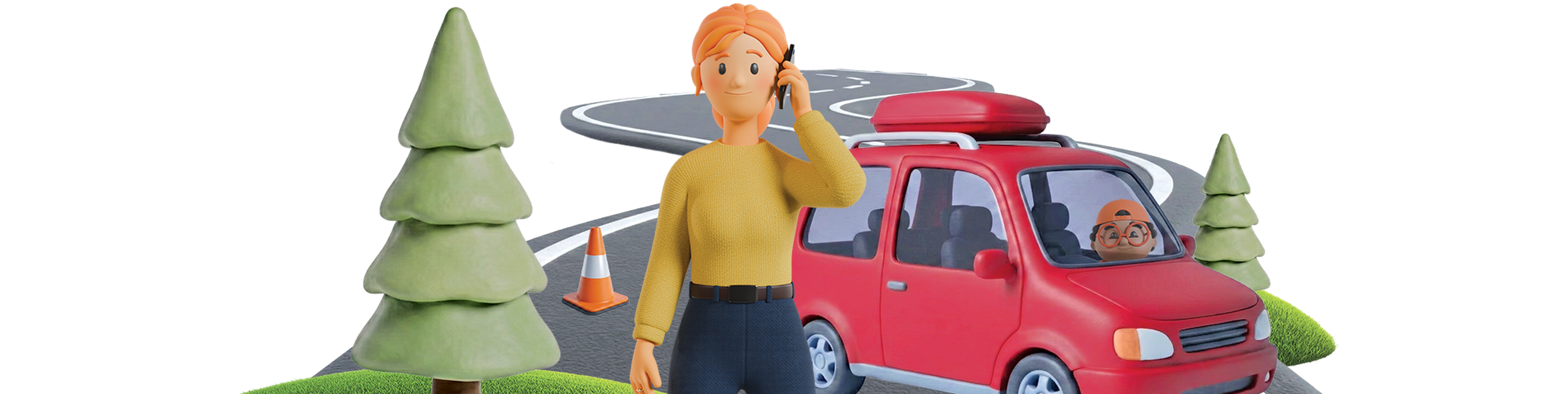 A cartoon character talks on the phone next to a red car on a winding road with trees and a traffic cone in the background.