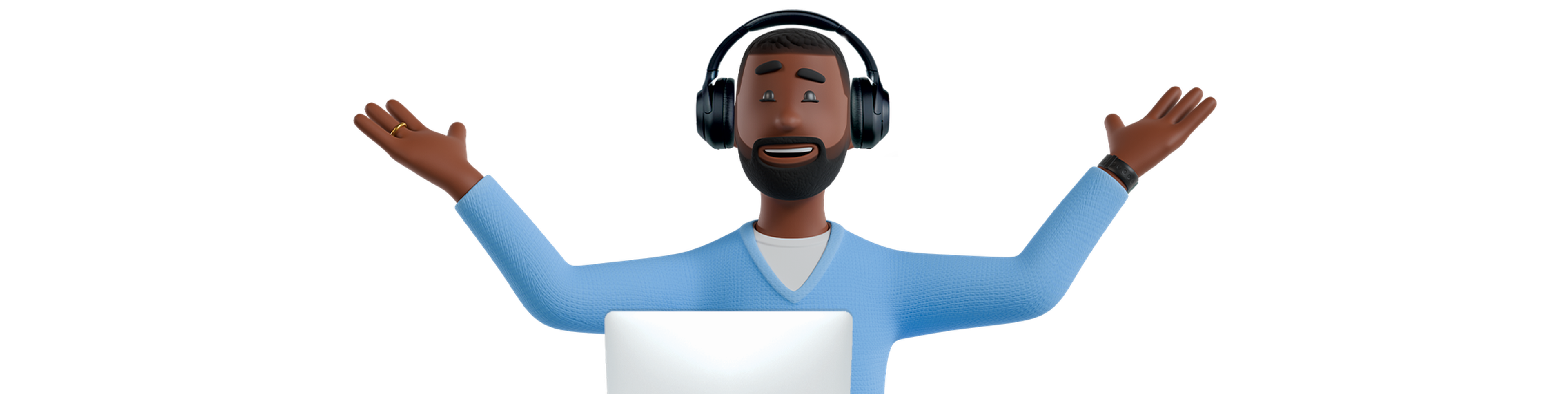 Animated person with headphones, wearing a blue sweater, smiling and gesturing with open arms in front of a laptop.