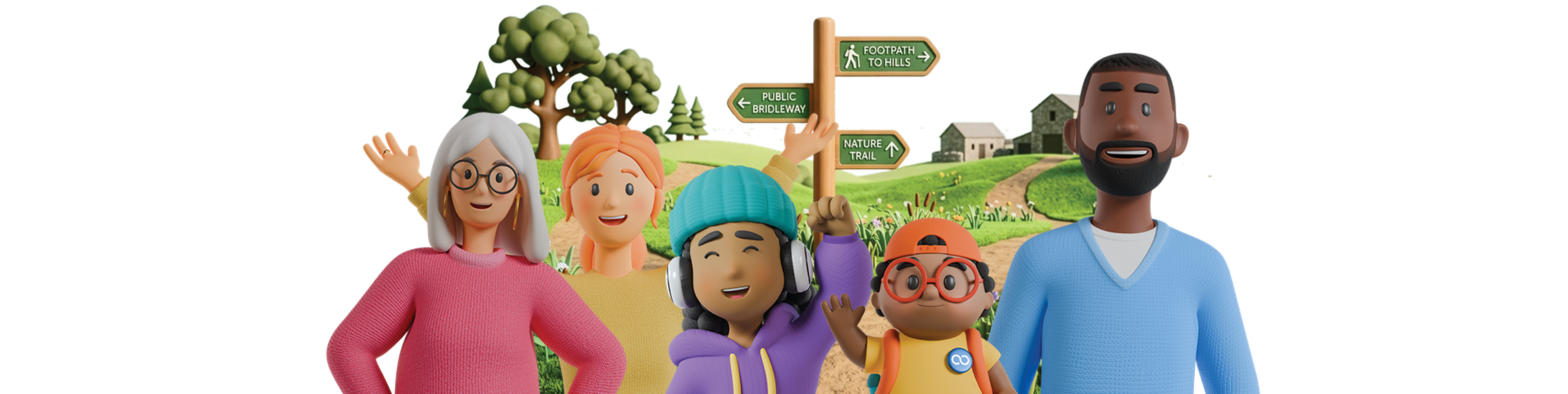 A diverse group of five cartoon characters stand smiling in front of a countryside path with directional signs and trees in the background.