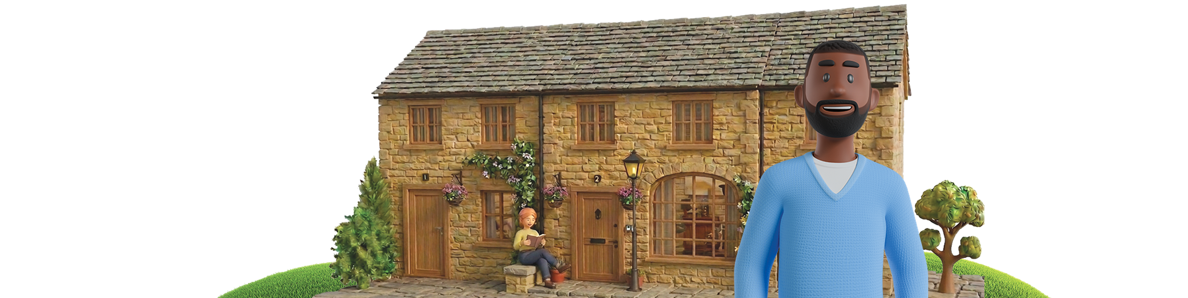A cheerful 3D character in a blue sweater stands in front of a stone cottage with wooden doors and windows, while another character sits reading.