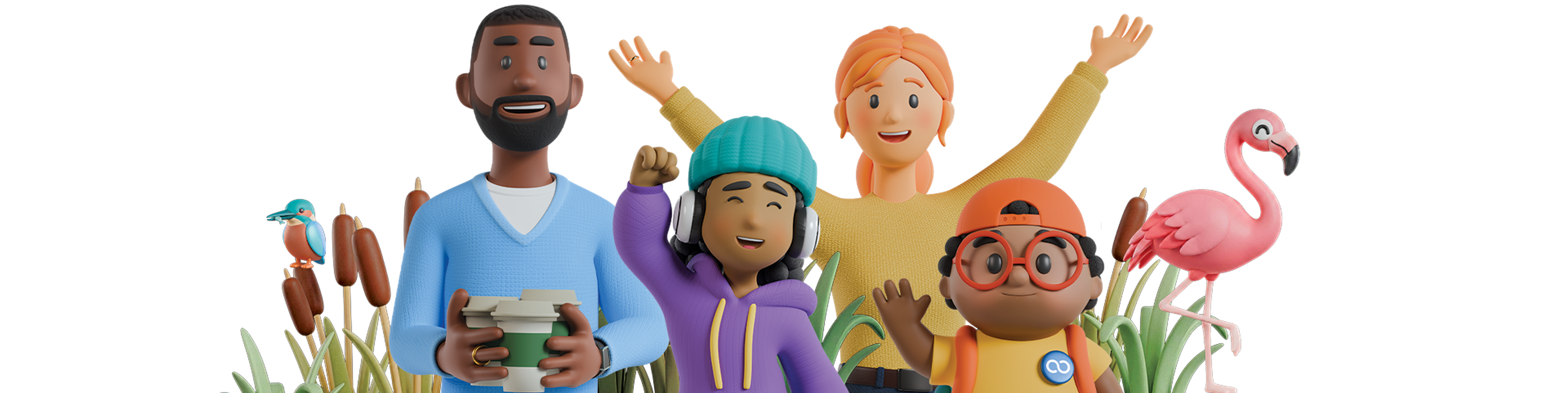 A diverse group of animated characters stand happily among cattails, a bird, and a flamingo, with one holding coffee and another wearing headphones.