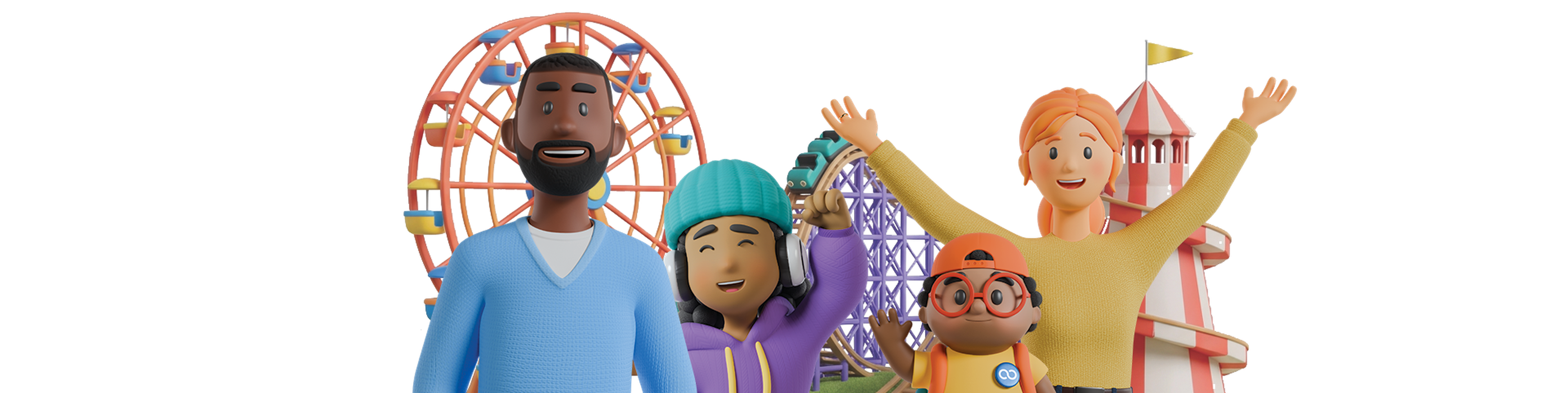 Animated characters at an amusement park with a Ferris wheel, roller coaster, and helter-skelter in the background, smiling and cheering.
