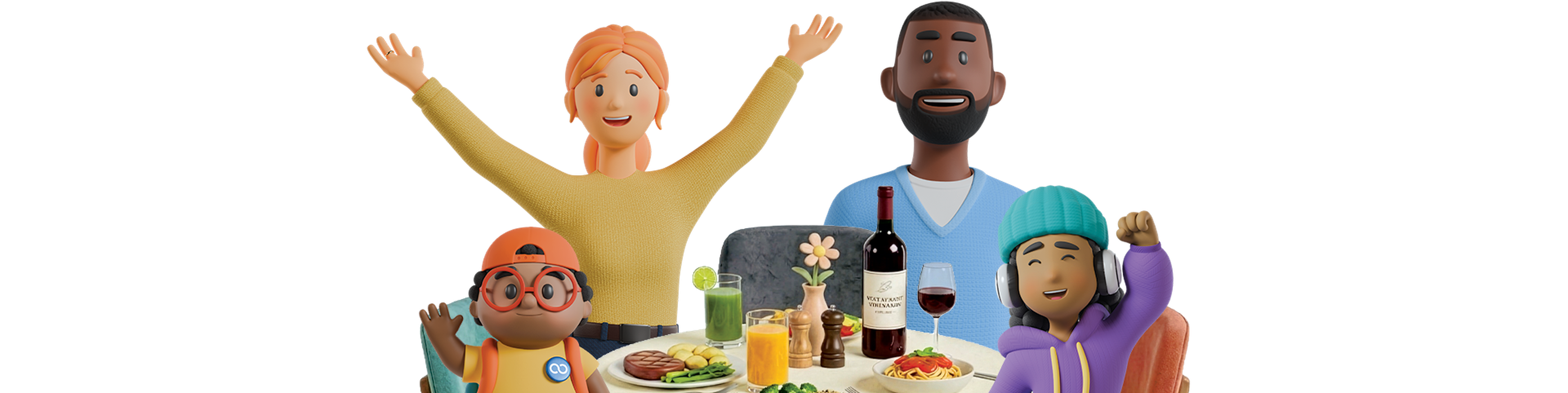 Animated group of diverse characters joyfully gathered around a table with various dishes and drinks, including wine and juice.