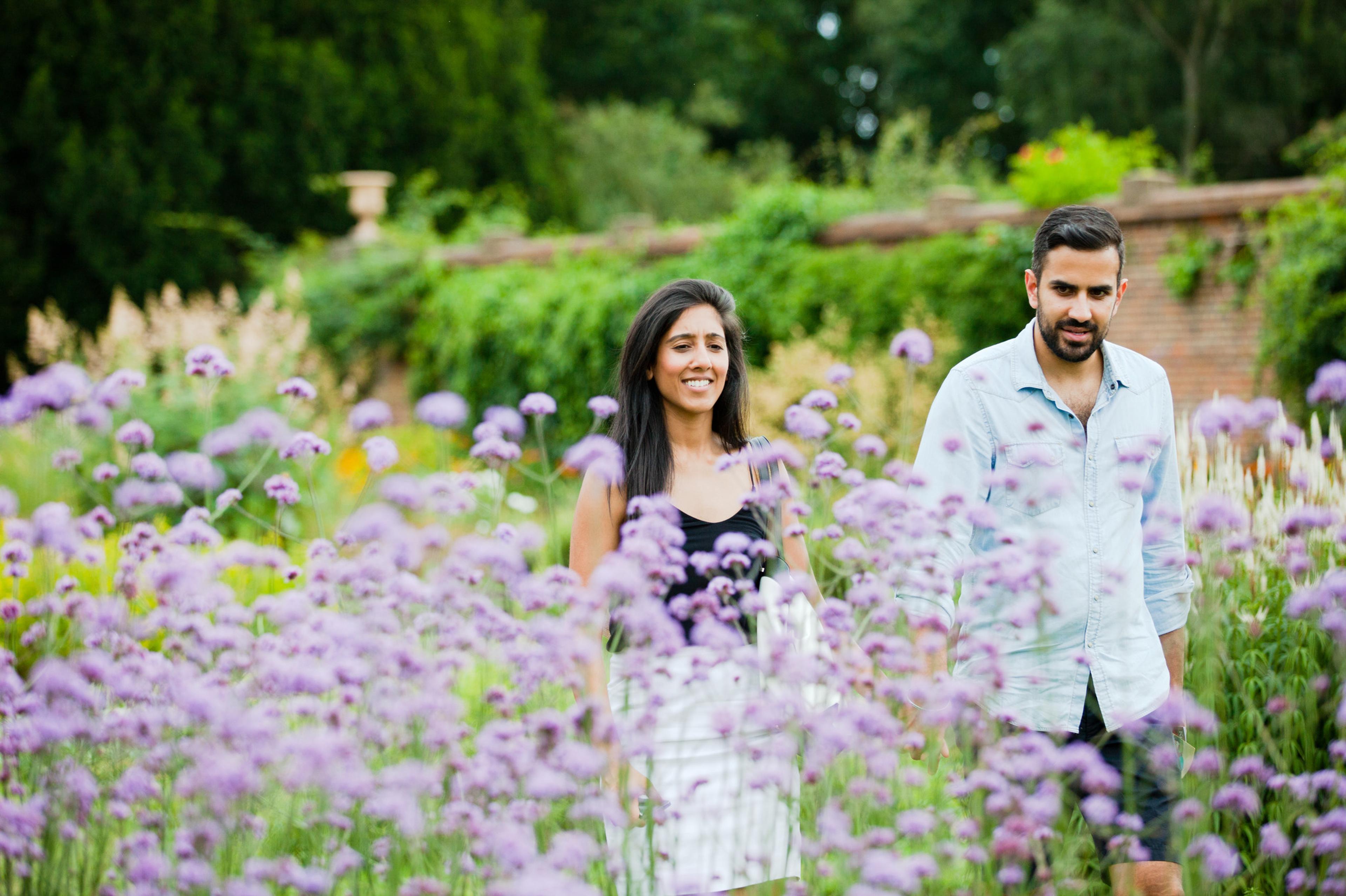 A man and woman walk through a garden filled with purple flowers, smiling and enjoying the scenery on a sunny day.