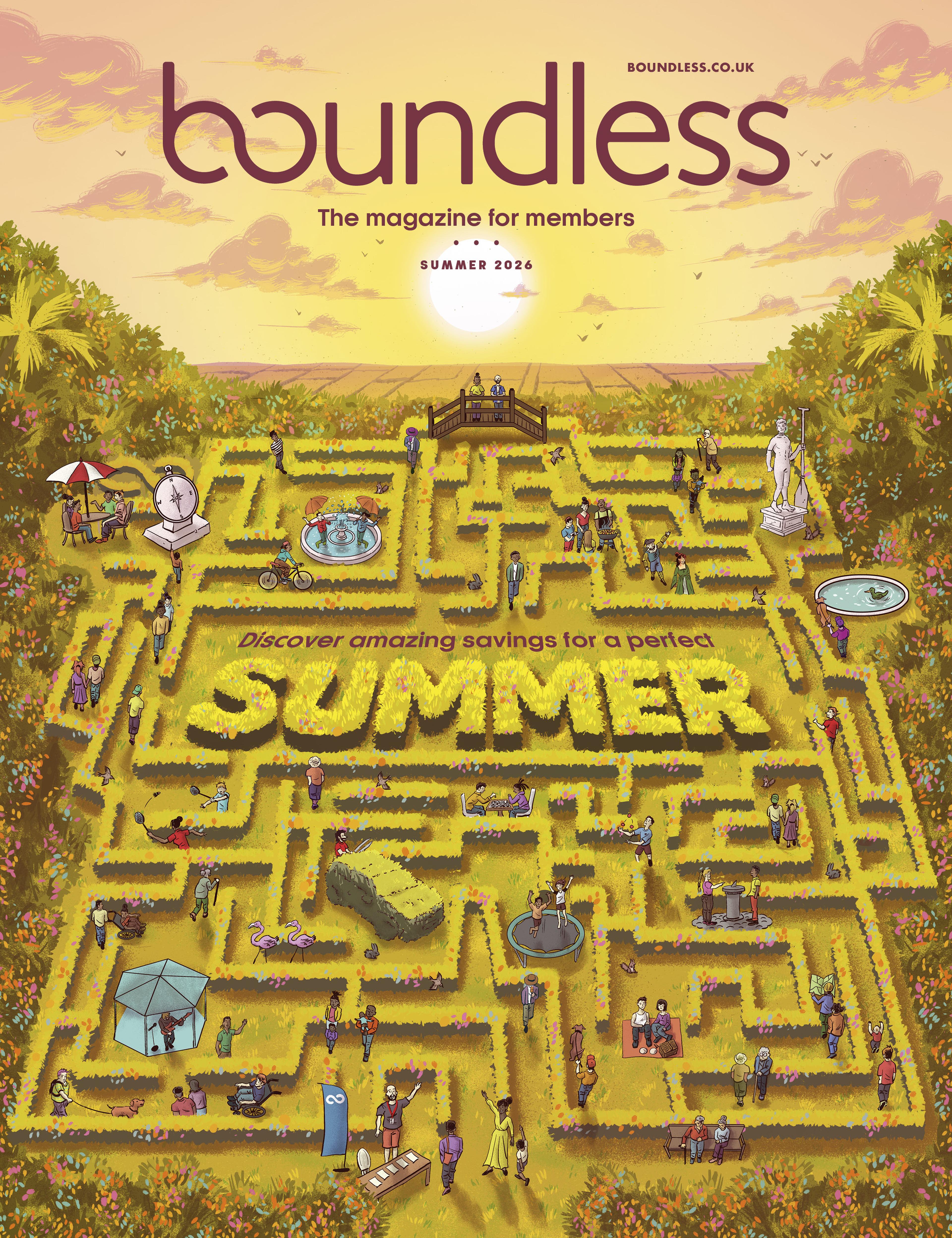 Cover of “Boundless” magazine, Summer 2026 issue. A maze with people at sunset spells "SUMMER," surrounded by lush greenery and outdoor activities.