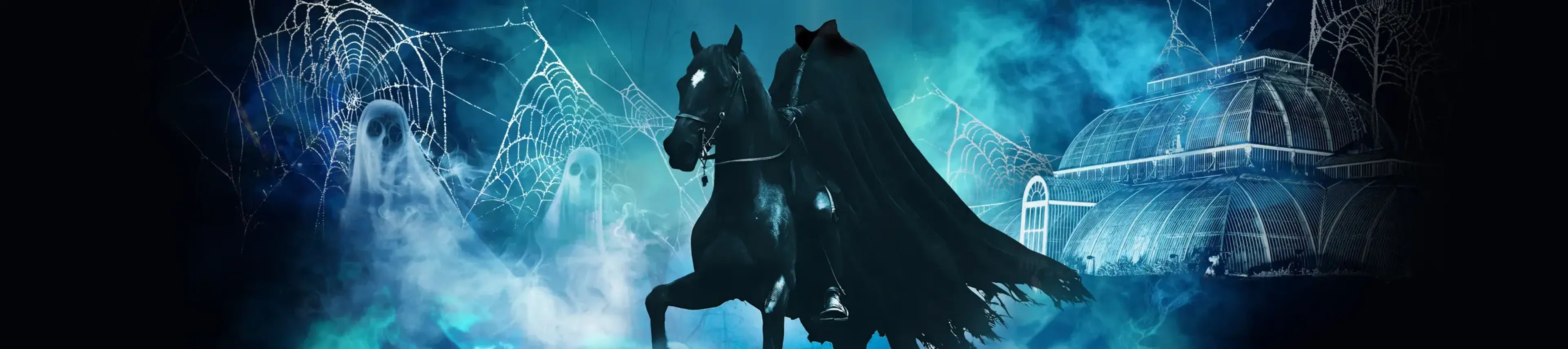 A dark, atmospheric Halloween scene featuring a cloaked rider on a black horse, surrounded by blue mist, ghostly figures, spiderwebs, and a glowing glass conservatory in the background.