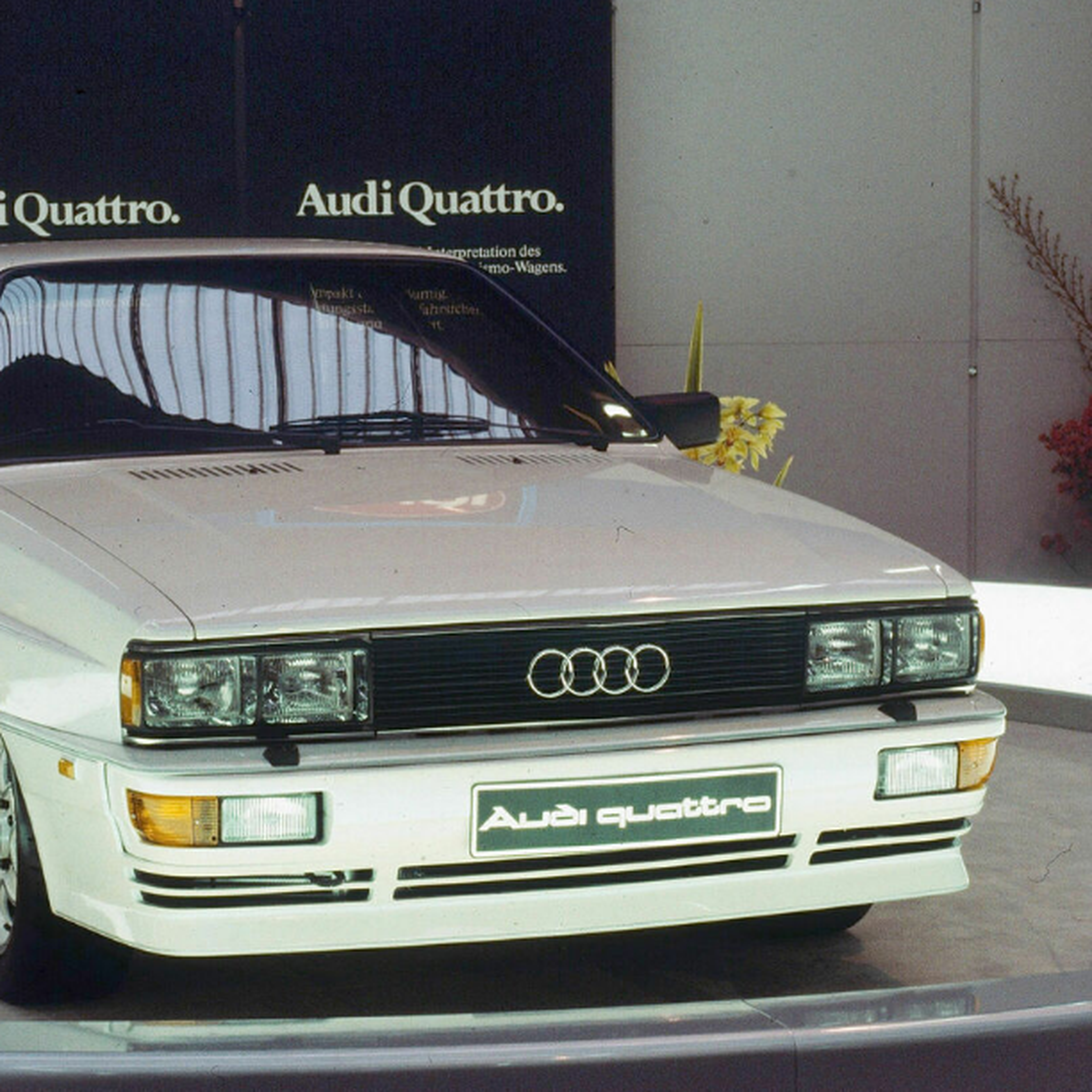 A white Audi Quattro displayed on a platform indoors, with reflective lighting and a backdrop showing the Audi logo.