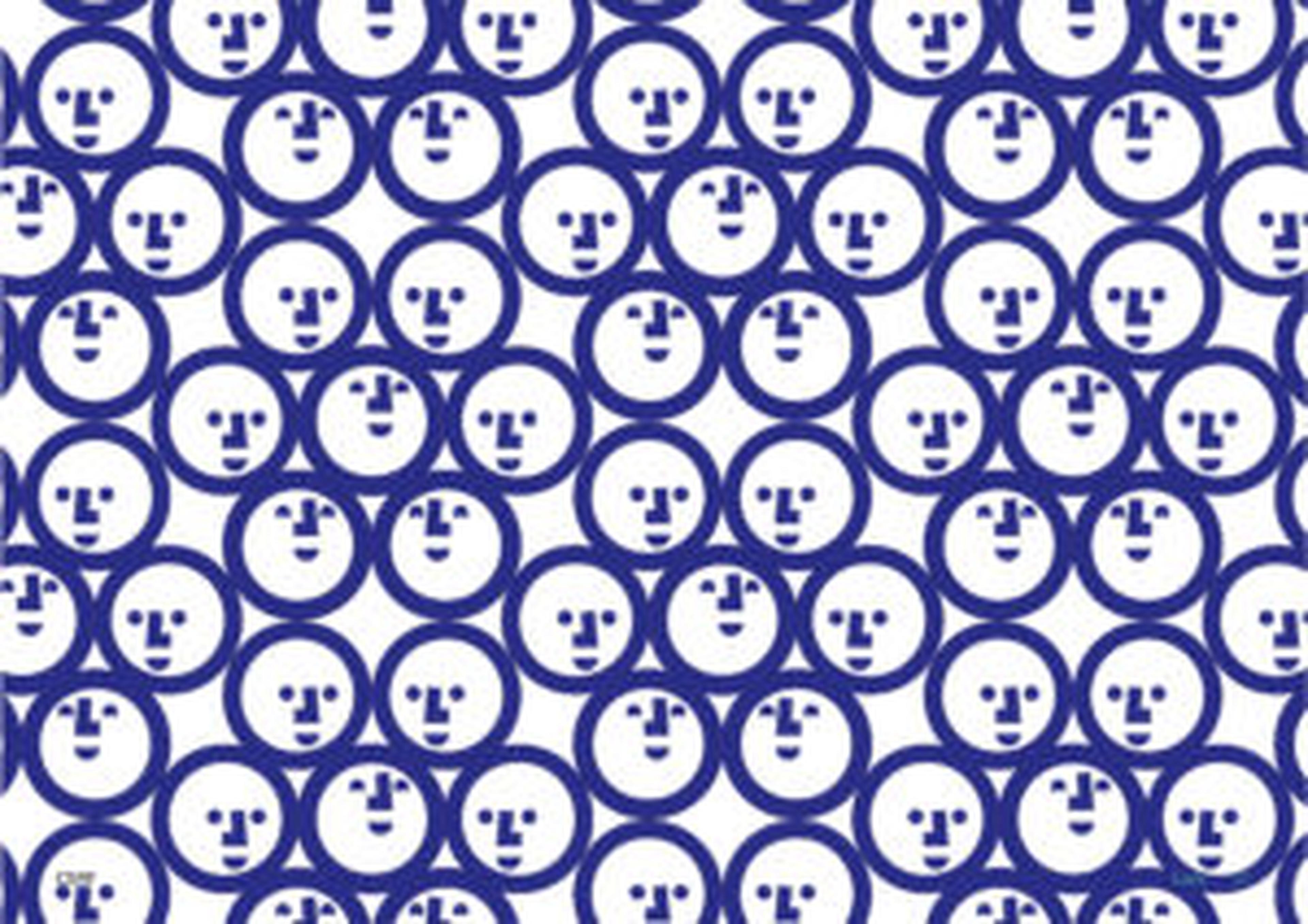 Pattern of repeated navy blue circles with abstract facial designs inside, on a white background.