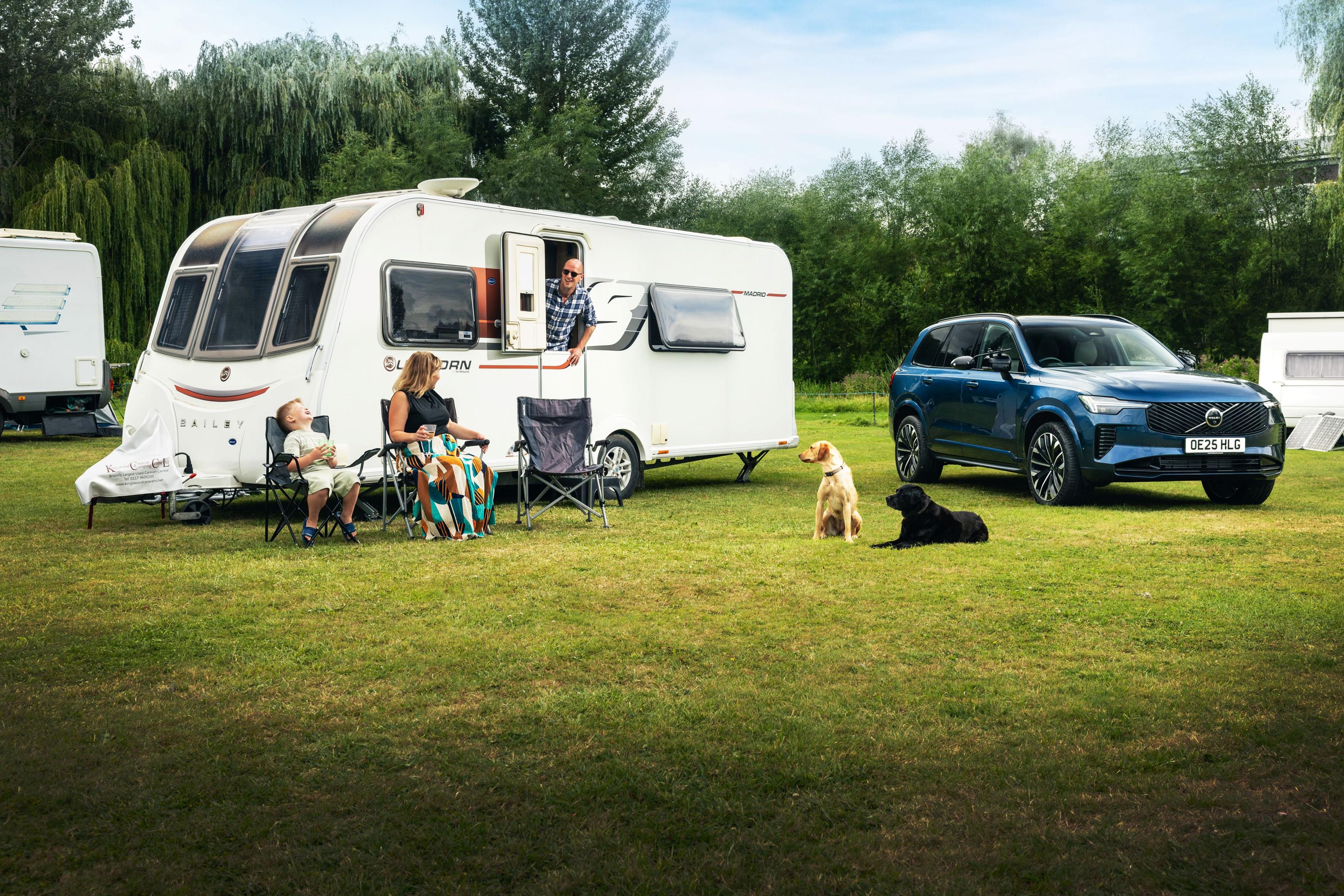 A caravan in a field with people and dogs relaxing outside.