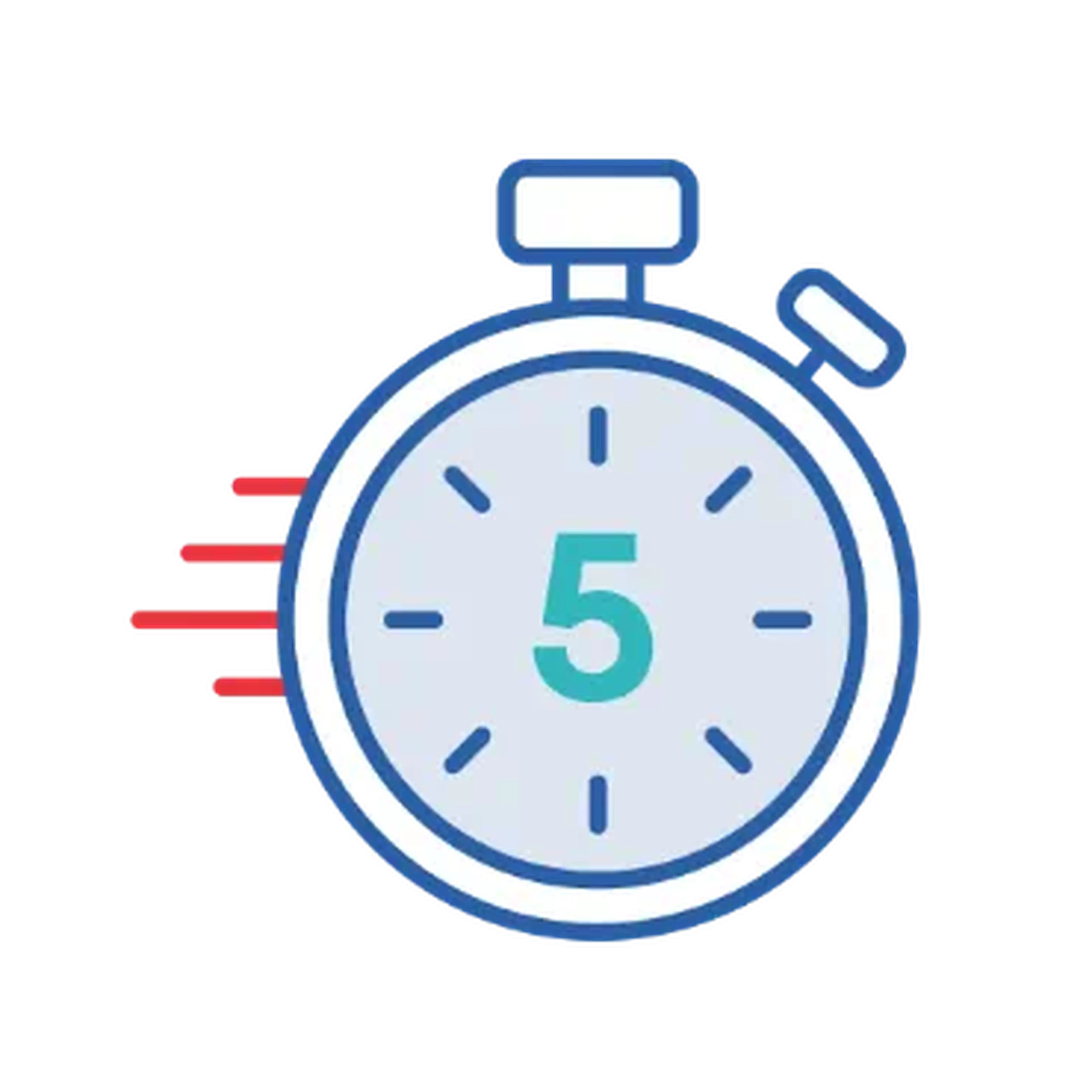 Illustration of a stopwatch showing the number 5, with red motion lines indicating speed or urgency.