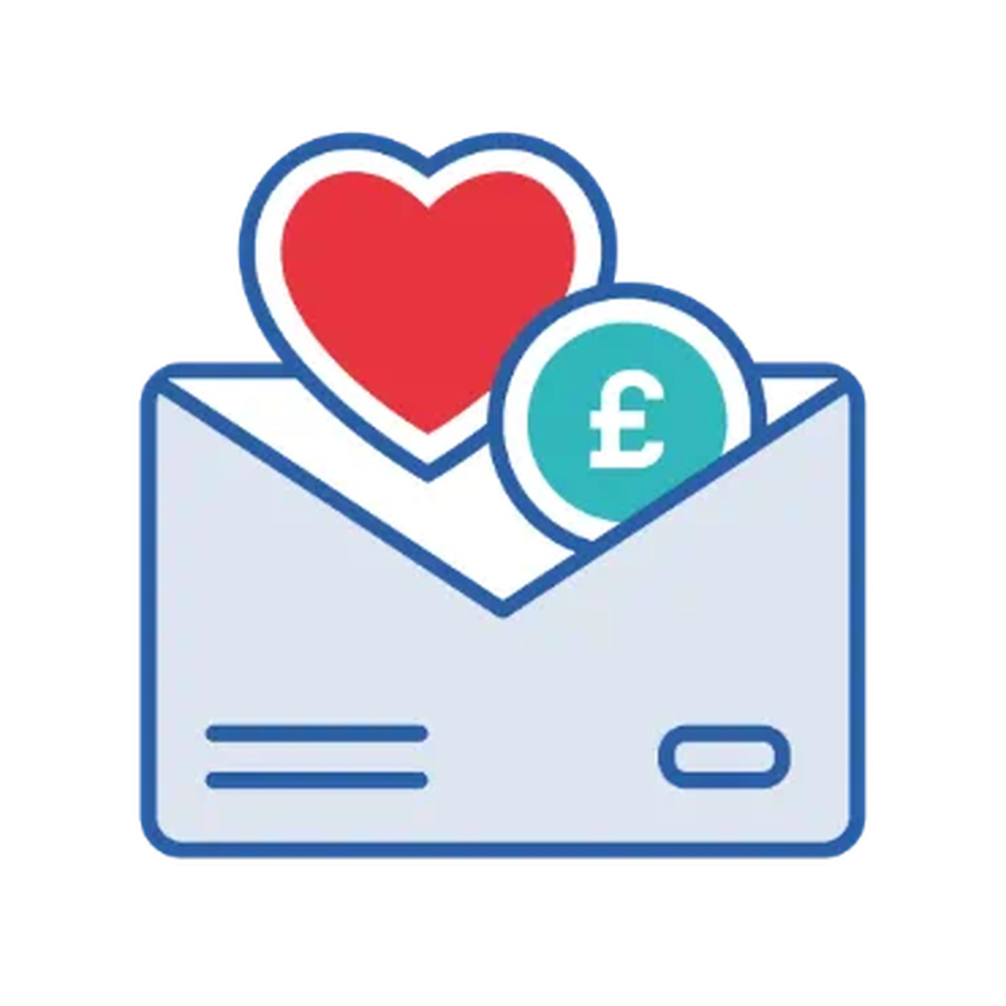 Illustration of an open envelope containing a red heart and a green circle with a pound symbol, symbolizing financial and emotional messages.