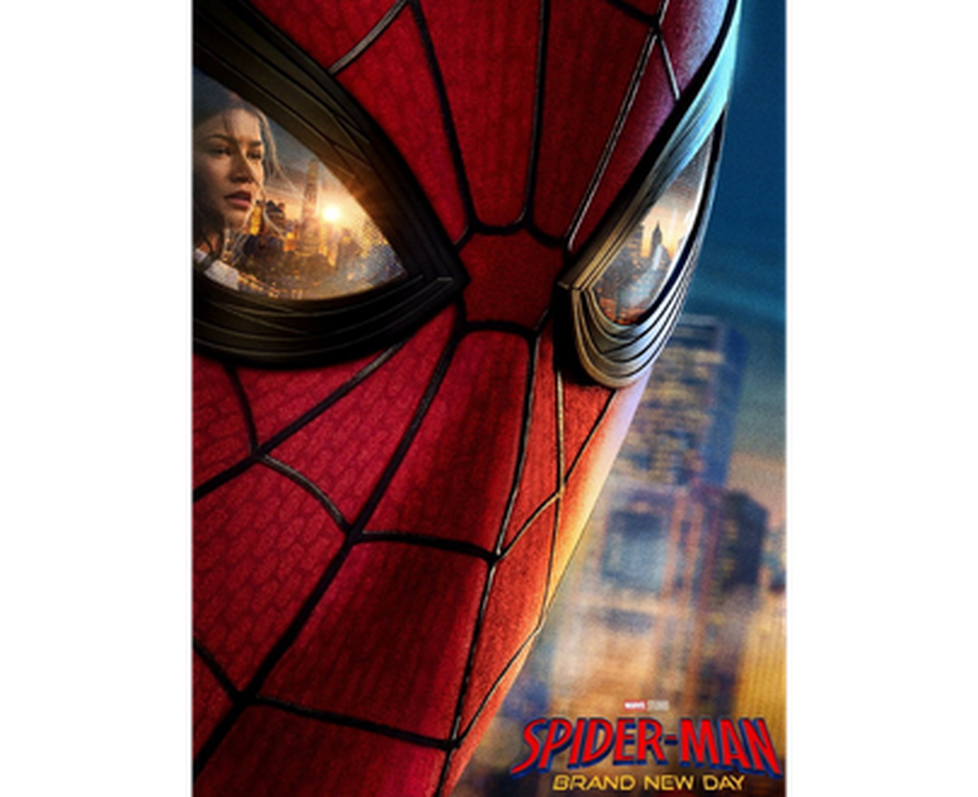 Close-up of Spider-Man's mask with cityscape reflections and a woman's face in one lens, titled "Spider-Man: Brand New Day" at the bottom.