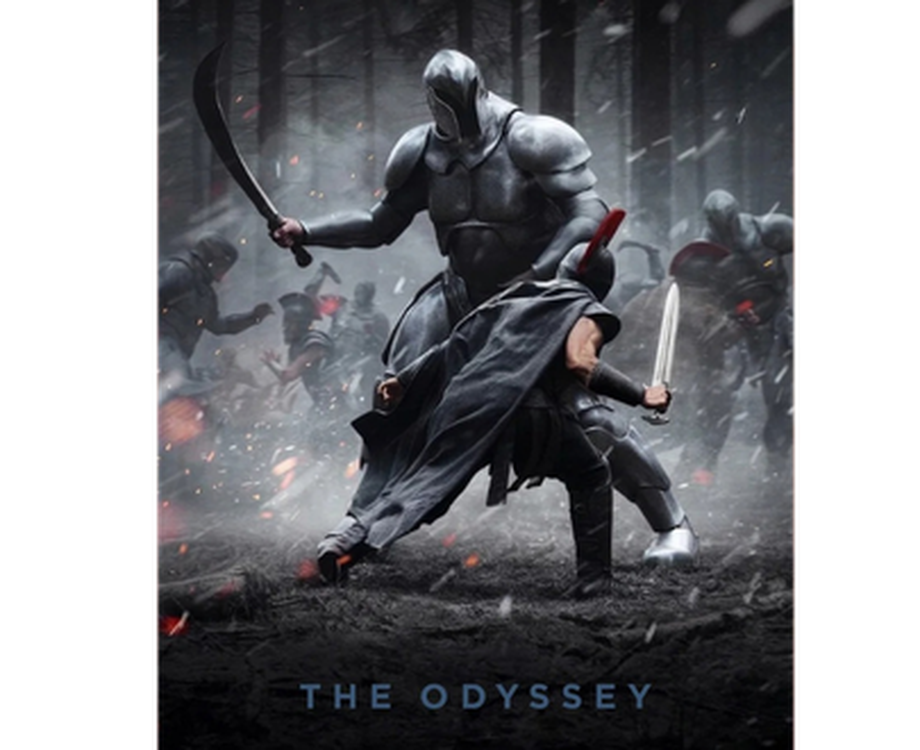 A warrior in armor clashes with a giant armored figure in a dark, misty forest. Other warriors engage in battle in the background.