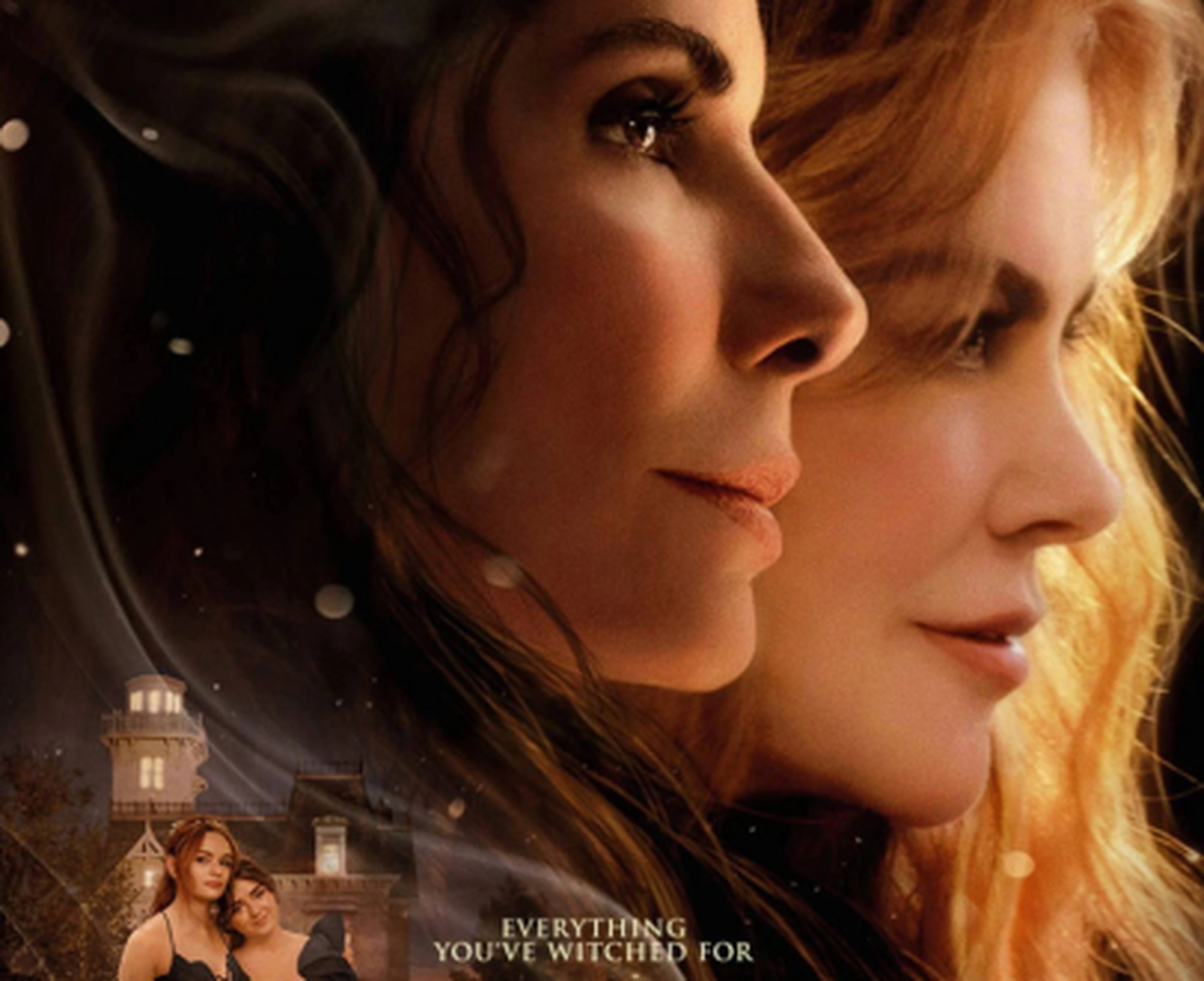 This movie poster promotes Practical Magic 2, featuring two women in black dresses standing before a lit candle and a mysterious house. The fantasy romantic comedy follows the sisters Sally and Gillian Owens as they navigate a centuries-old curse while searching for love.