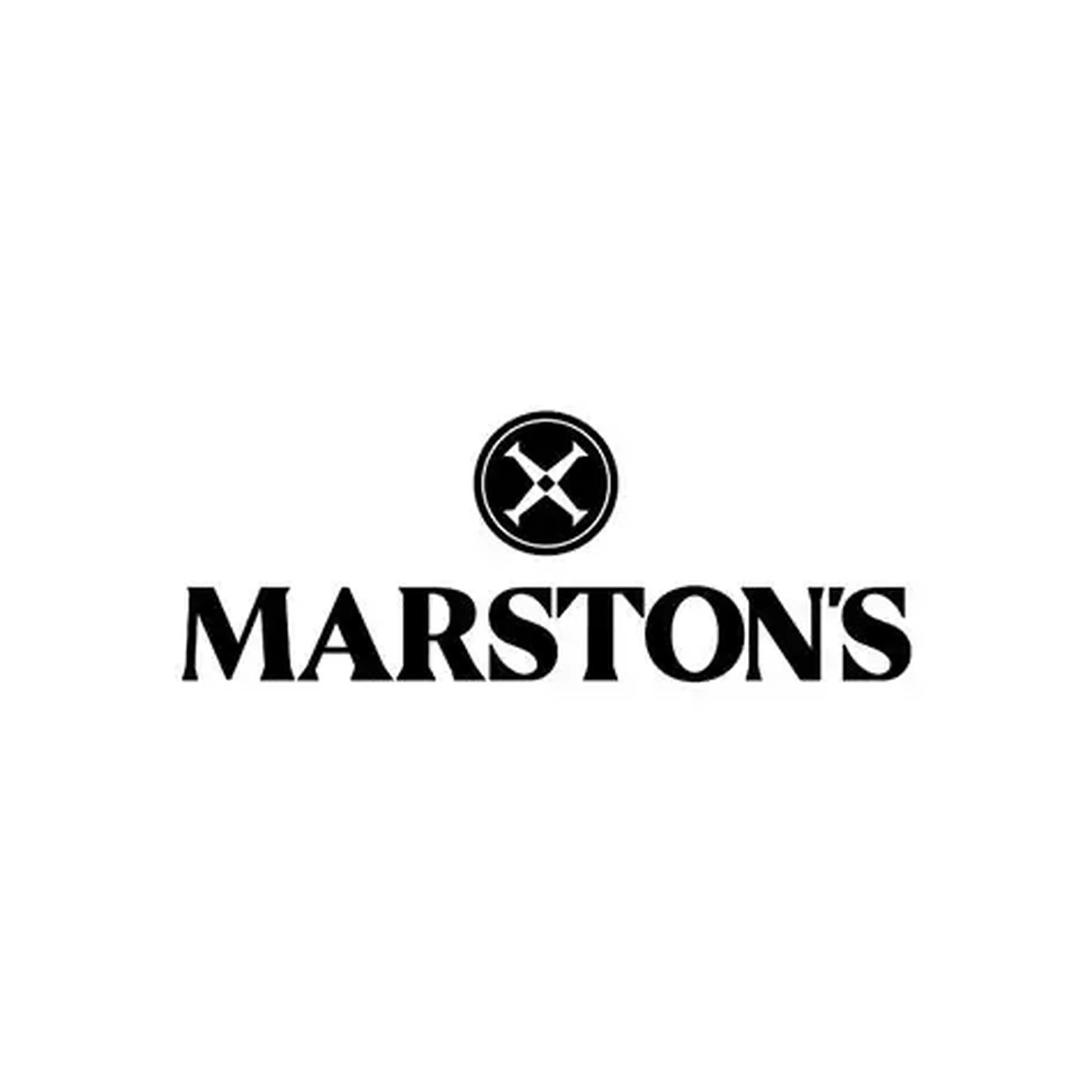 Black text "MARSTON'S" with a circular emblem above featuring crossed lines inside. White background.