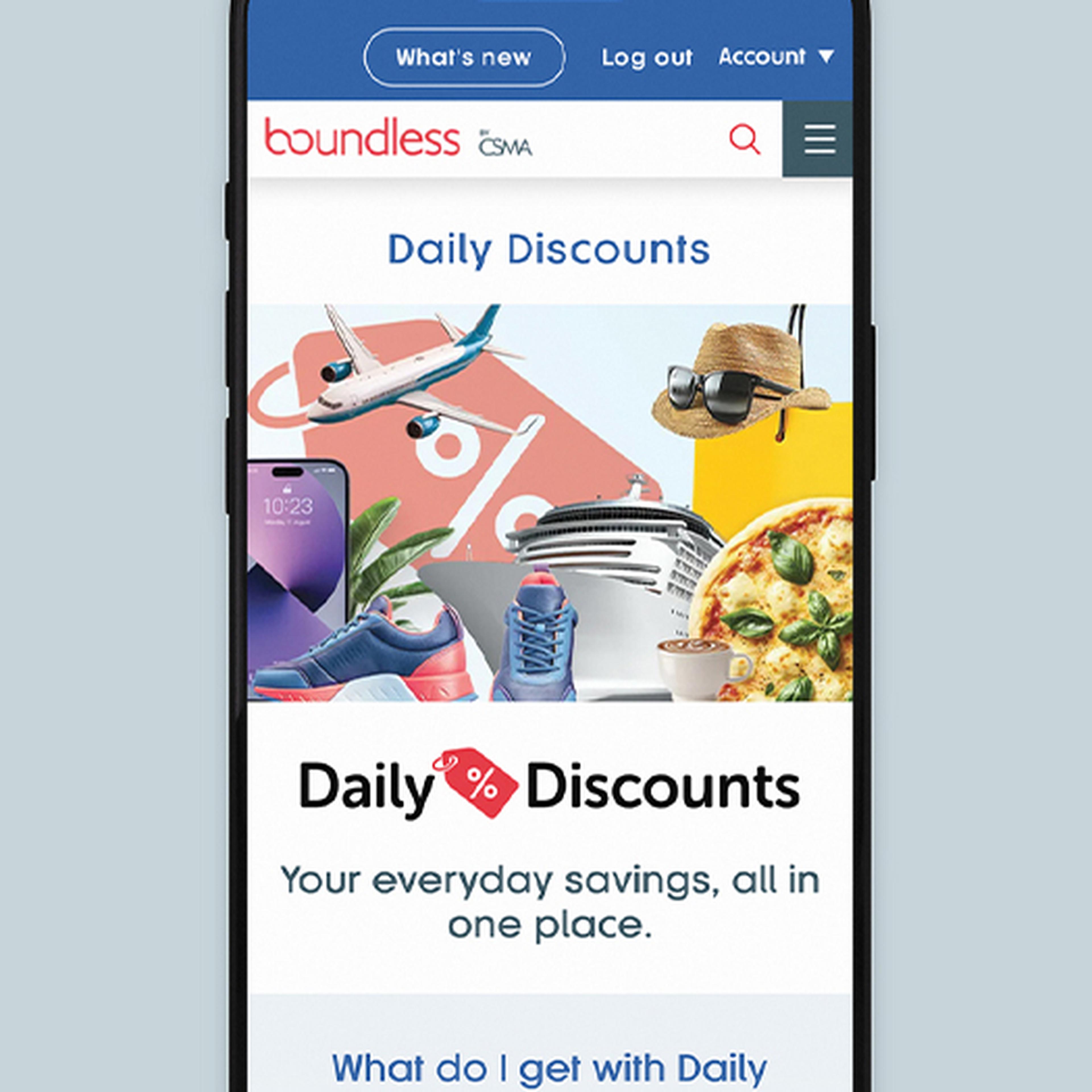 Smartphone displaying a "Daily Discounts" webpage with various products like a plane, phone, shoes, sunglasses, and pizza.