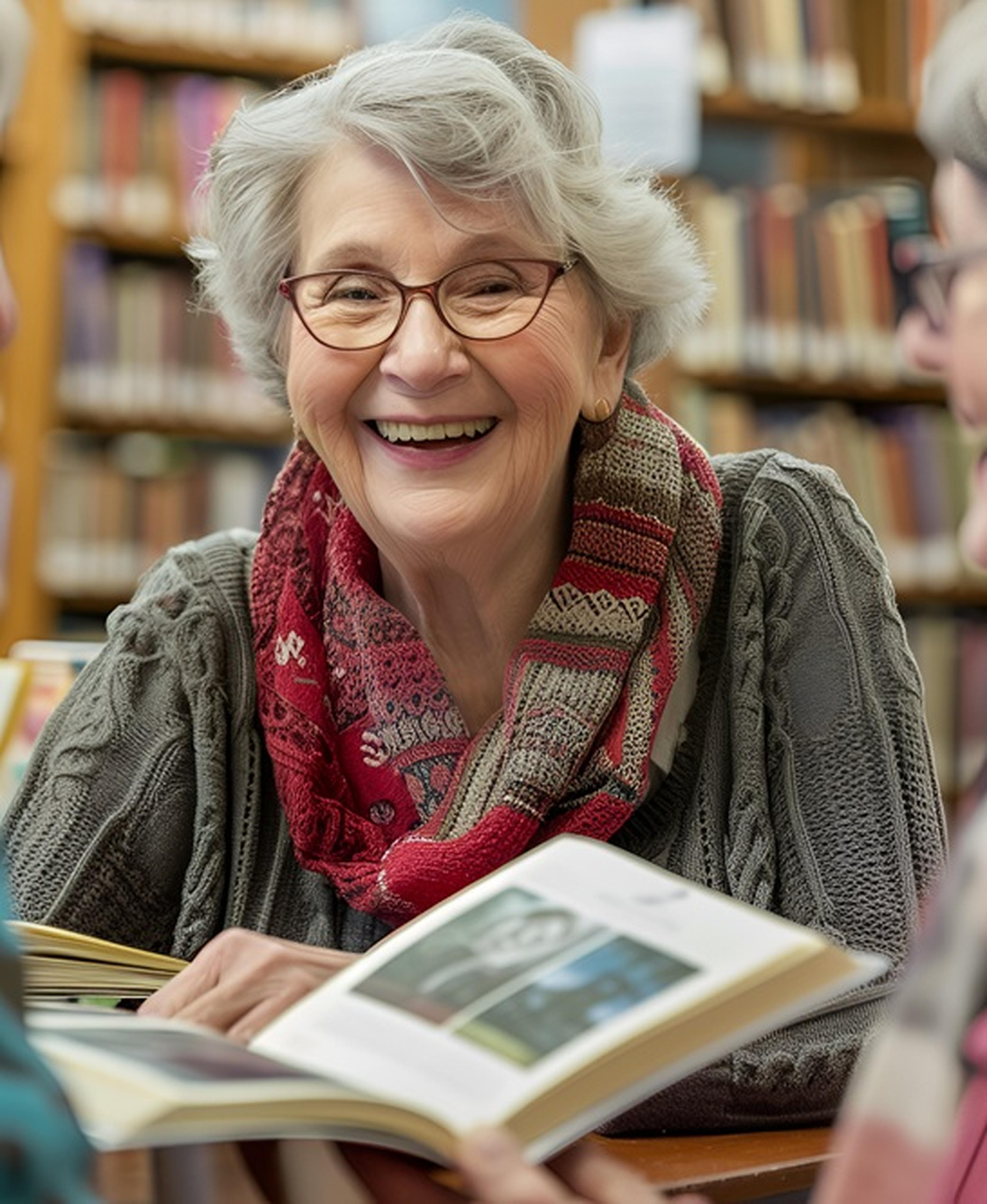 Elderly woman with glasses, holding a book, seated in a library