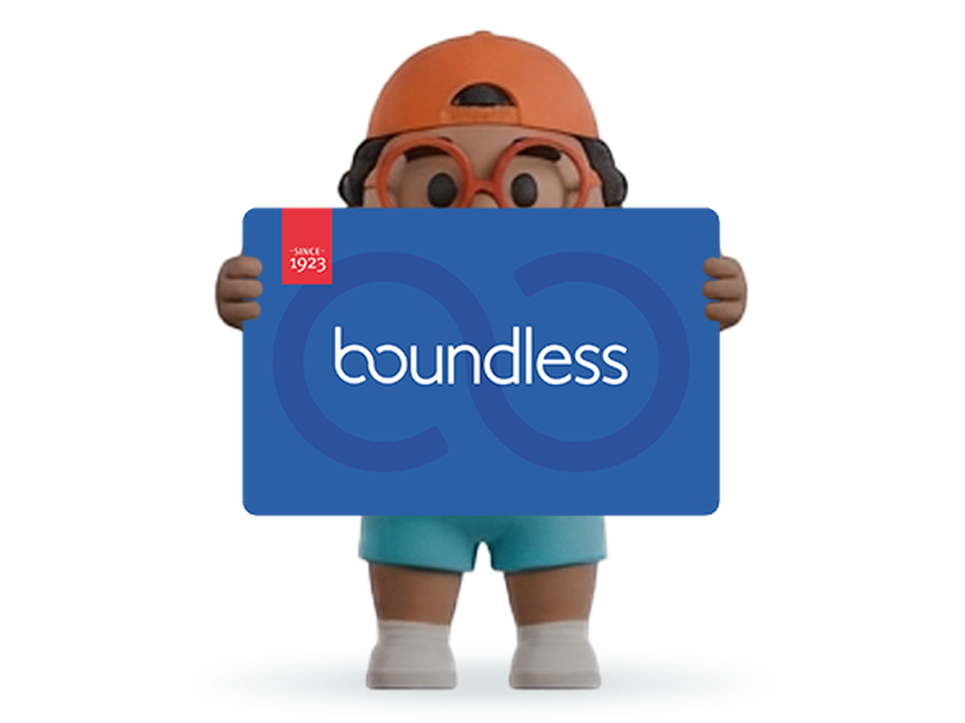 Cartoon character in an orange cap holds a blue "Boundless" sign, featuring a red label with "Since 1923."