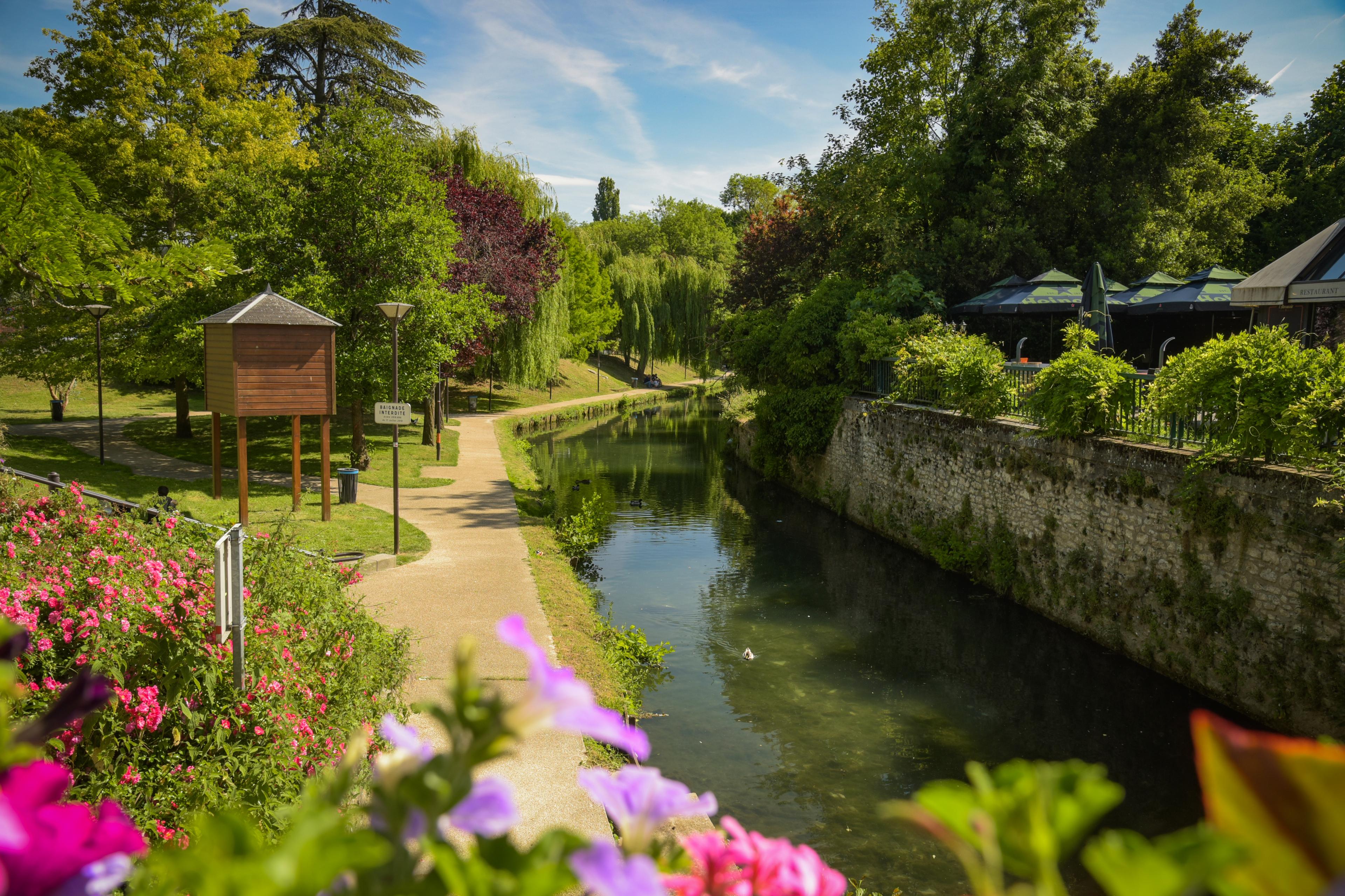 A scenic riverside path with vibrant flowers, lush greenery, a tranquil river, and a clear blue sky on a sunny day.